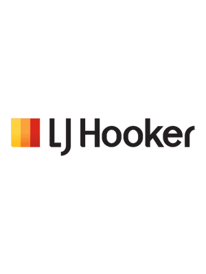 LJ Hooker logo with red, yellow, and black stripes and black text on a white background.