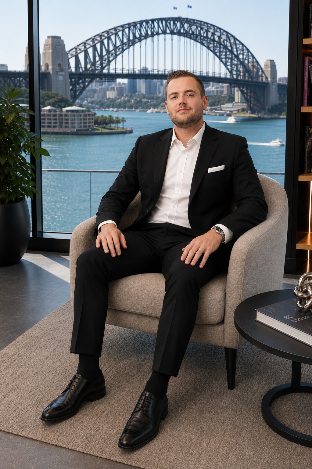 A man in a black suit and white shirt sitting on a beige armchair inside a modern office with a large window showing the Sydney Harbour Bridge and water in the background.