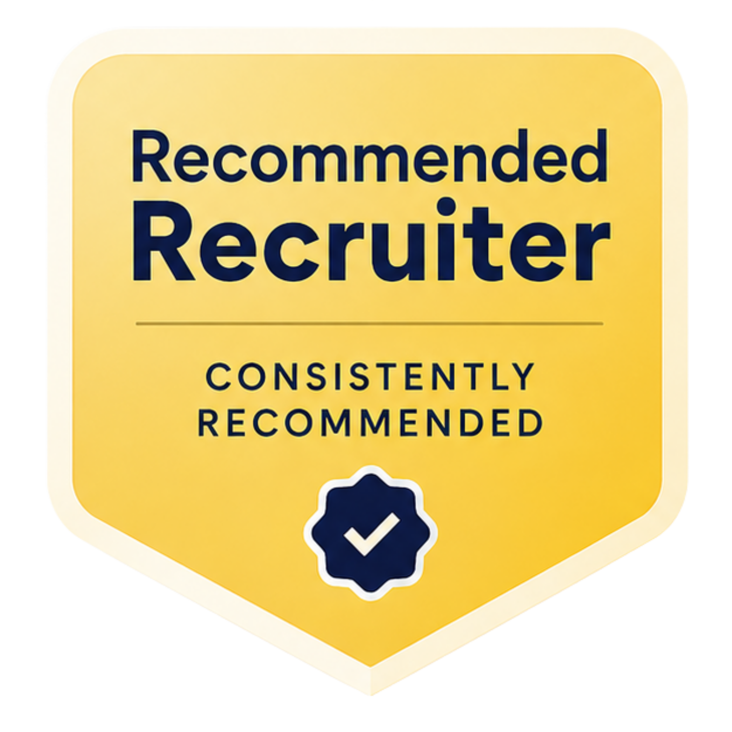 A yellow badge with the words 'Recommended Recruiter' and 'Consistently Recommended' printed in blue, featuring a star icon with a checkmark inside.
