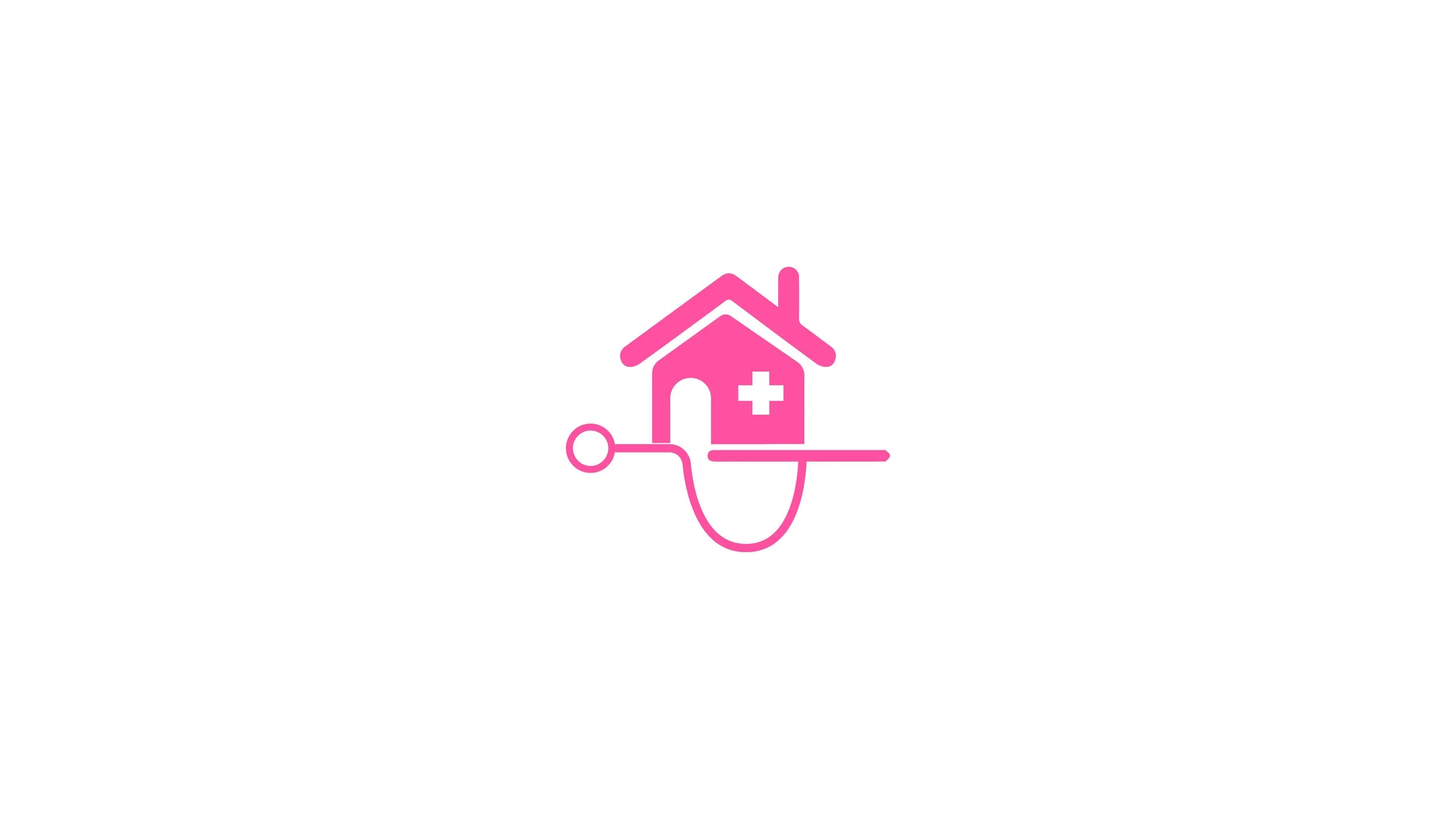 Pink icon of a house with a medical cross, connected to a stethoscope, on a white background.