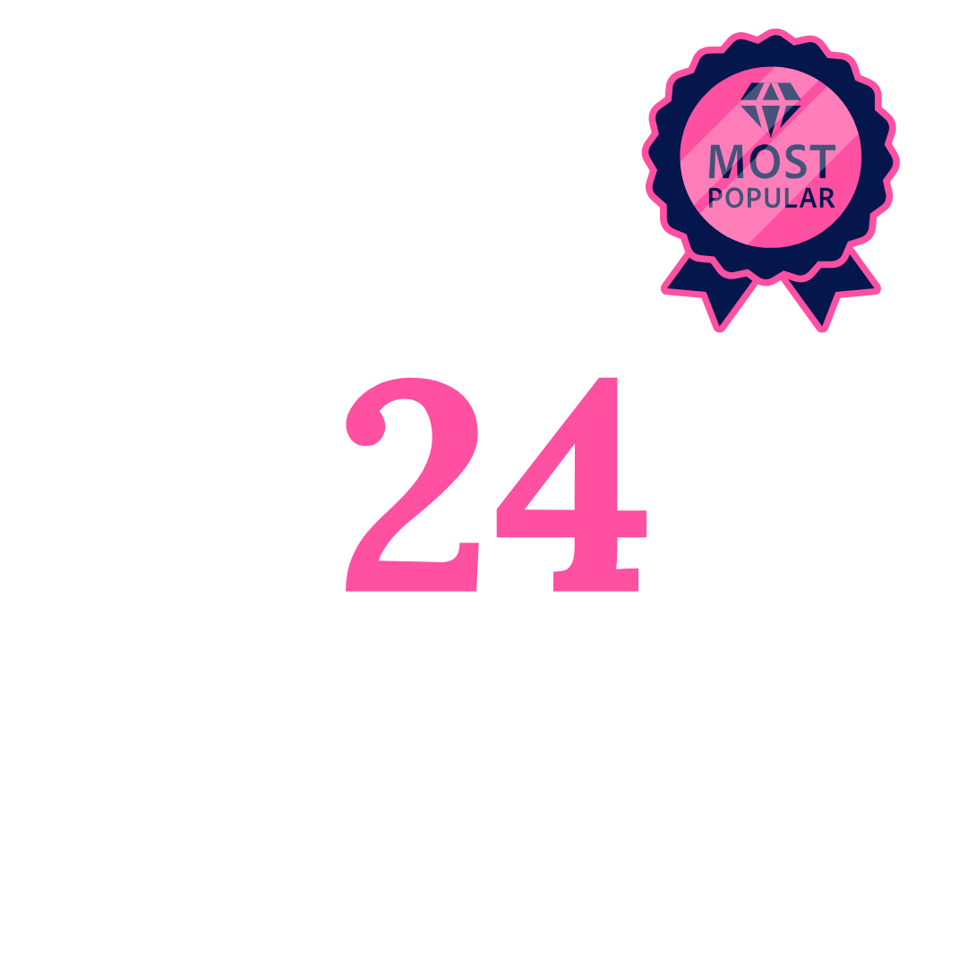 A pink number 24 with a "Most Popular" badge featuring a diamond icon in the upper right corner.