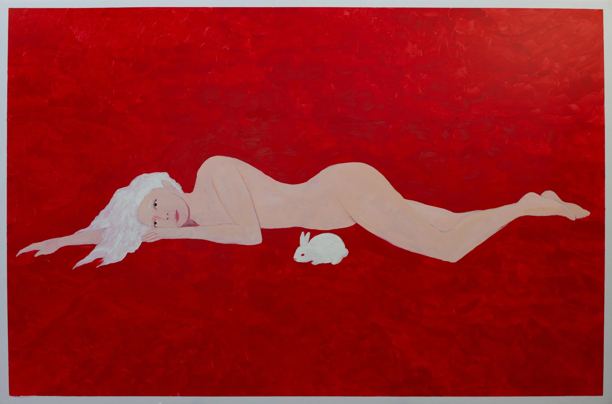 "woman and rabbit on red" acrylic on foamcore 60x40in