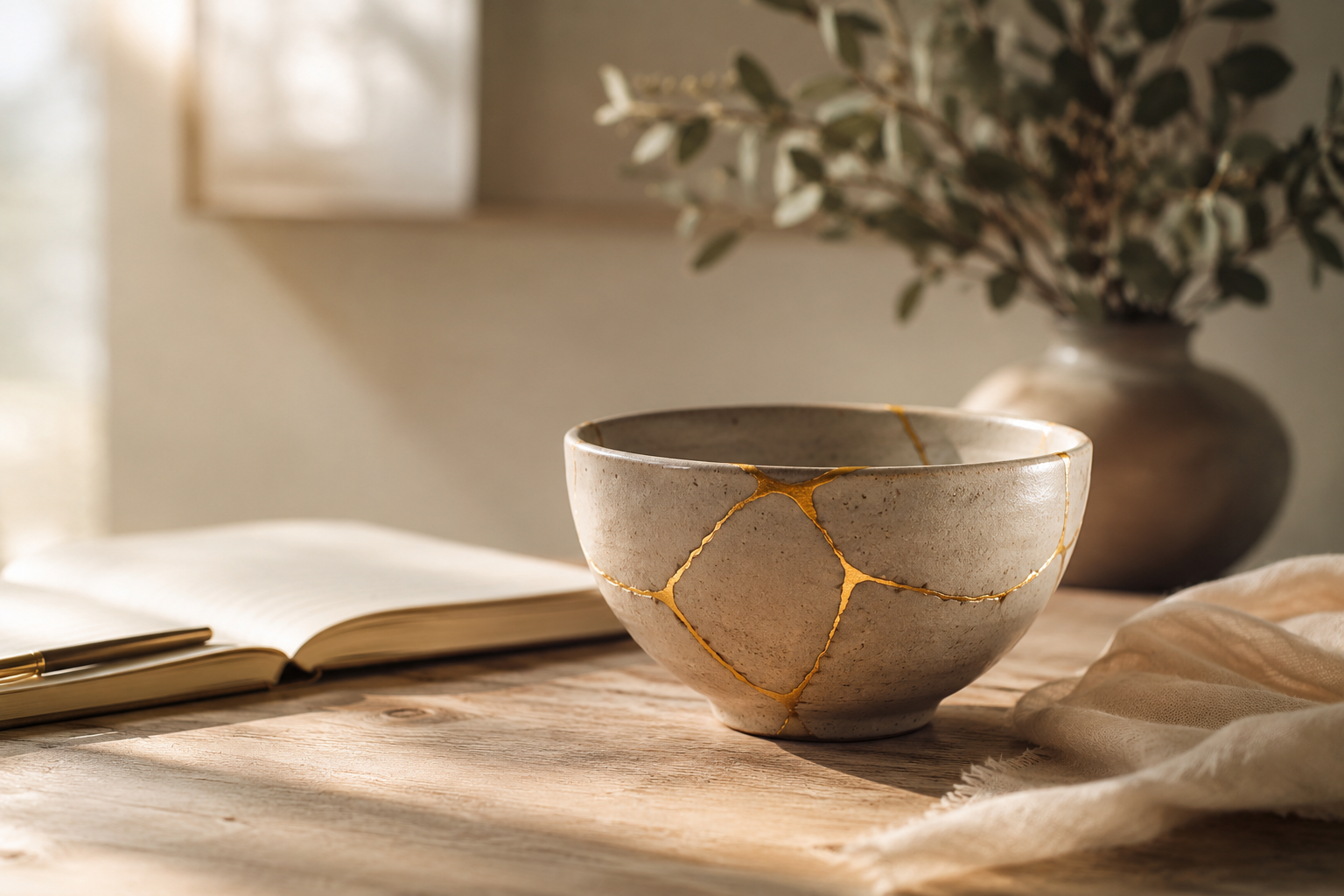 Kintsugi art ceramic bowl on table next to journal and pen with a plant in the background.
