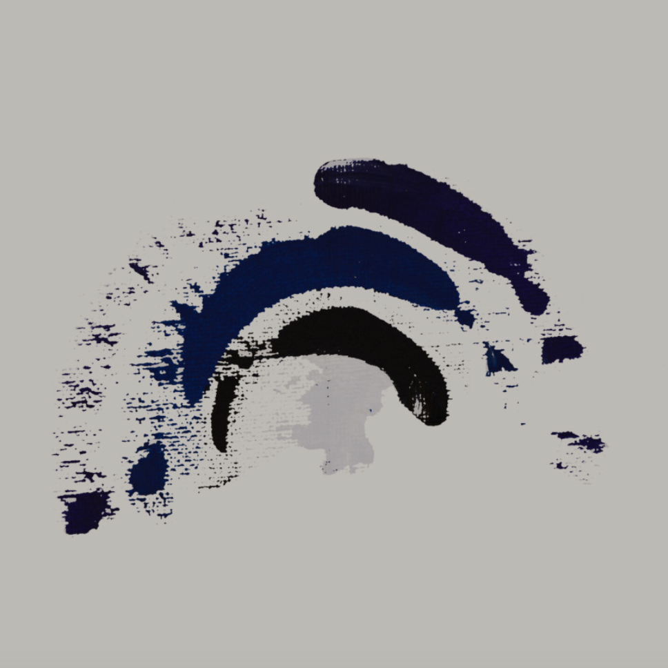 Abstract watercolor painting with shades of blue, black, and white on a light gray background.