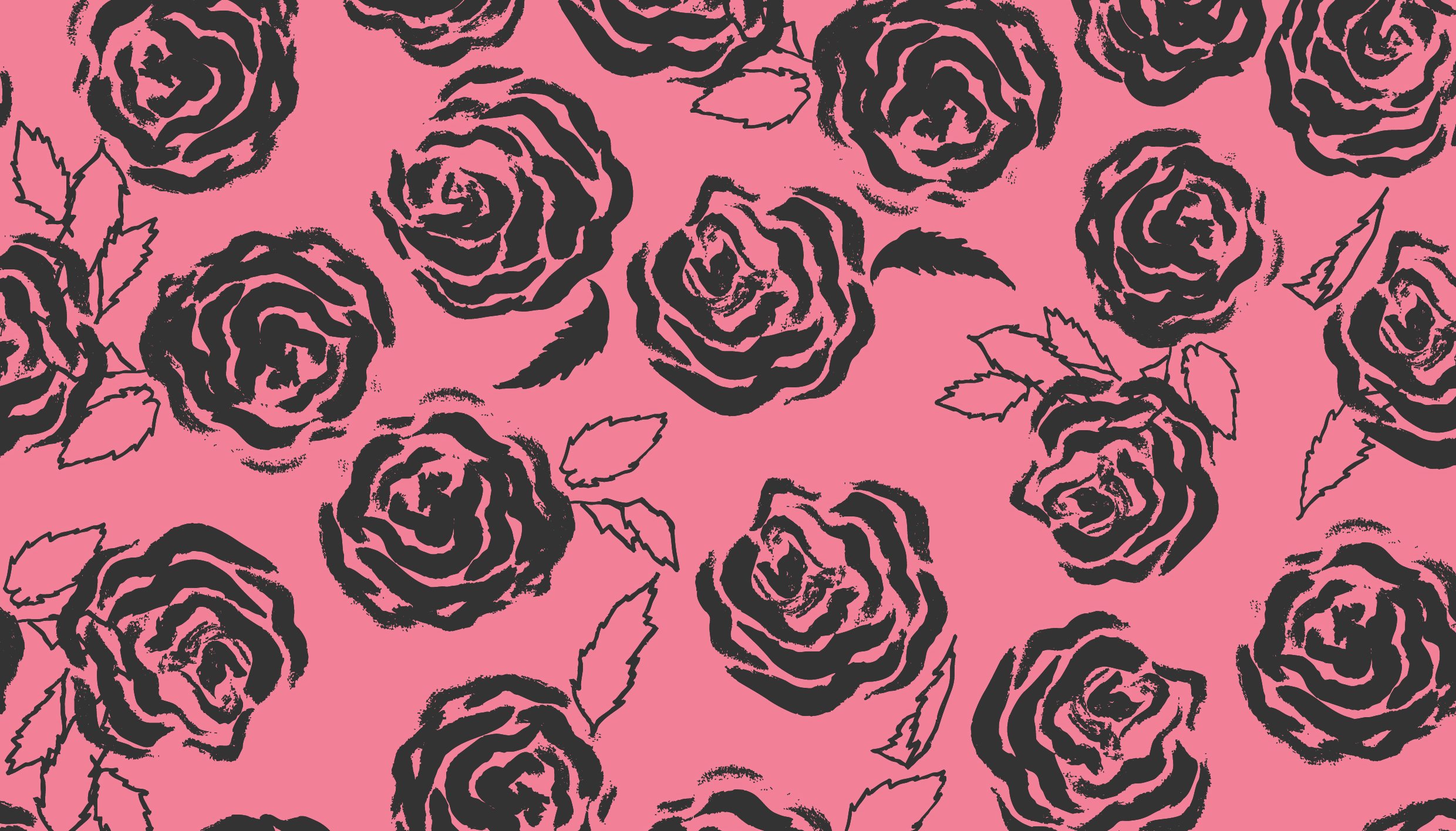 Pattern of black roses and leaves on a pink background.
