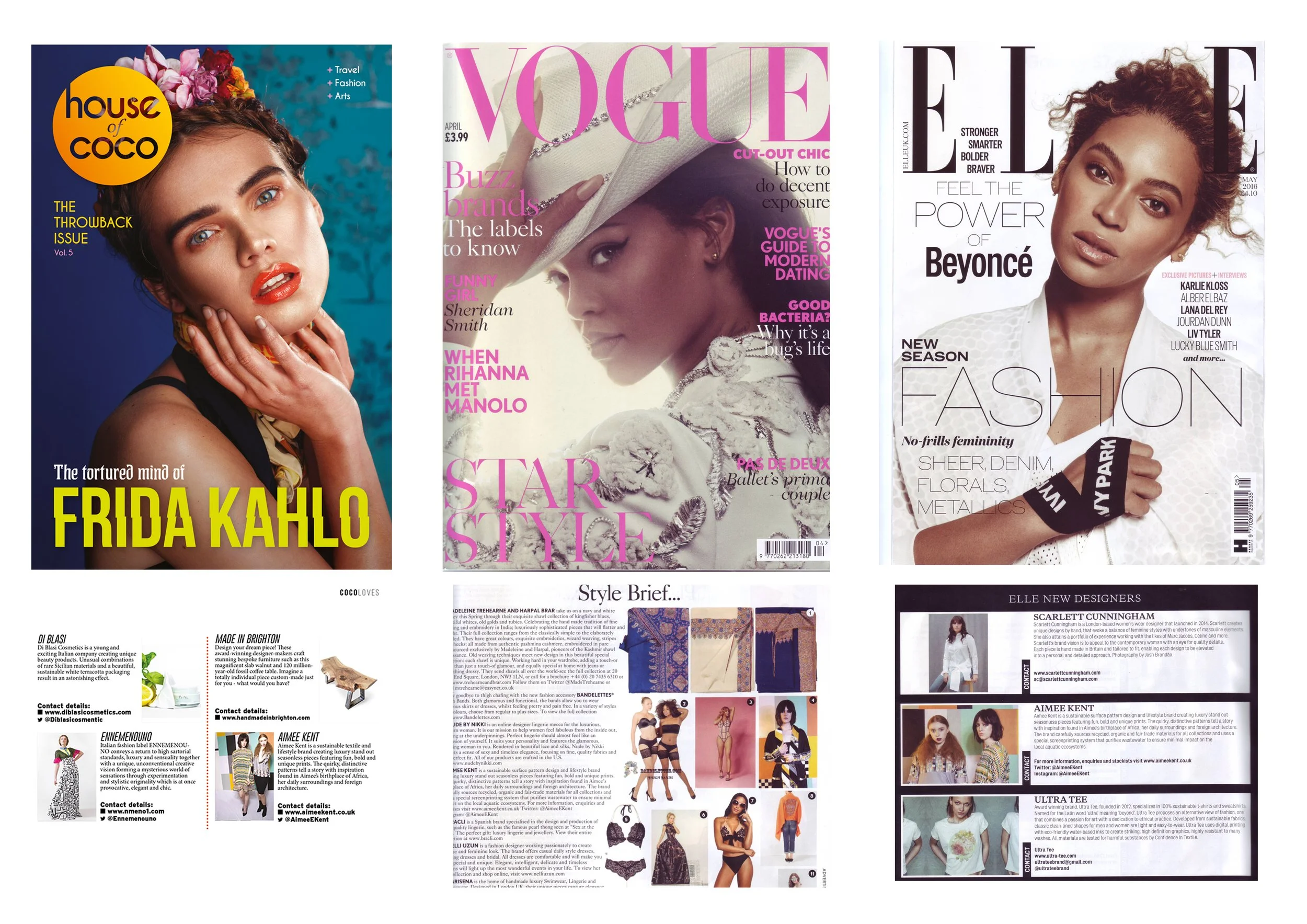 Collection of fashion magazine covers featuring models and fashion articles.
