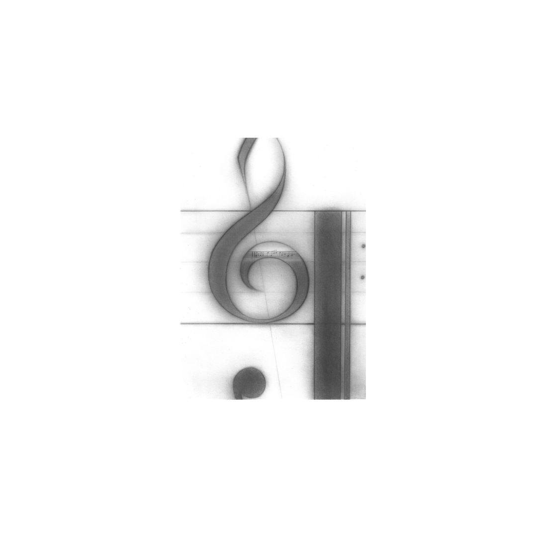 A music inspired art piece, featuring a large crescendo and musical score.