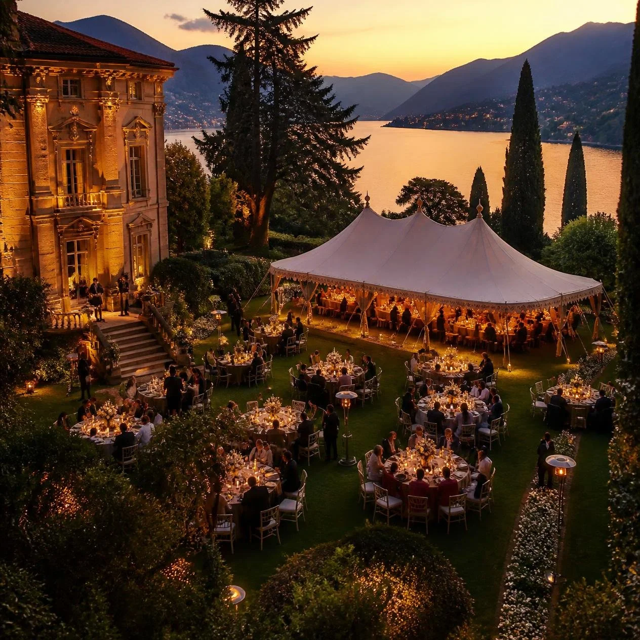 Cena di gala all'aperto con molte persone sedute a tavoli decorati, illuminata da luci calde, situata in un giardino vicino a un lago circondato da montagne, con un grande tendone bianco e un edificio storico sullo sfondo al tramonto.