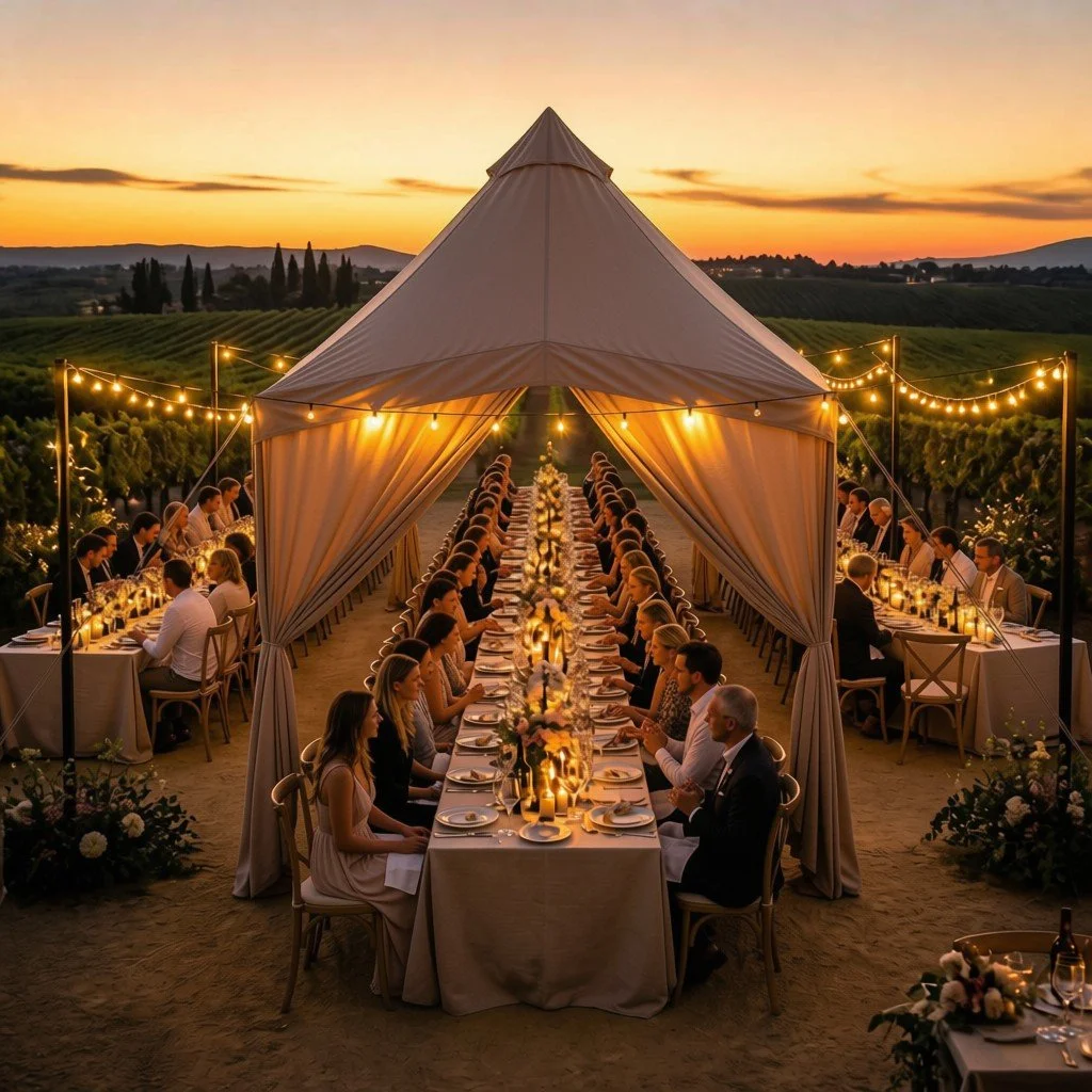 Cena elegante all'aperto sotto una tensostruttura, con molte persone sedute intorno a tavoli lunghi, decorati con candele e fiori, durante il tramonto in una campagna