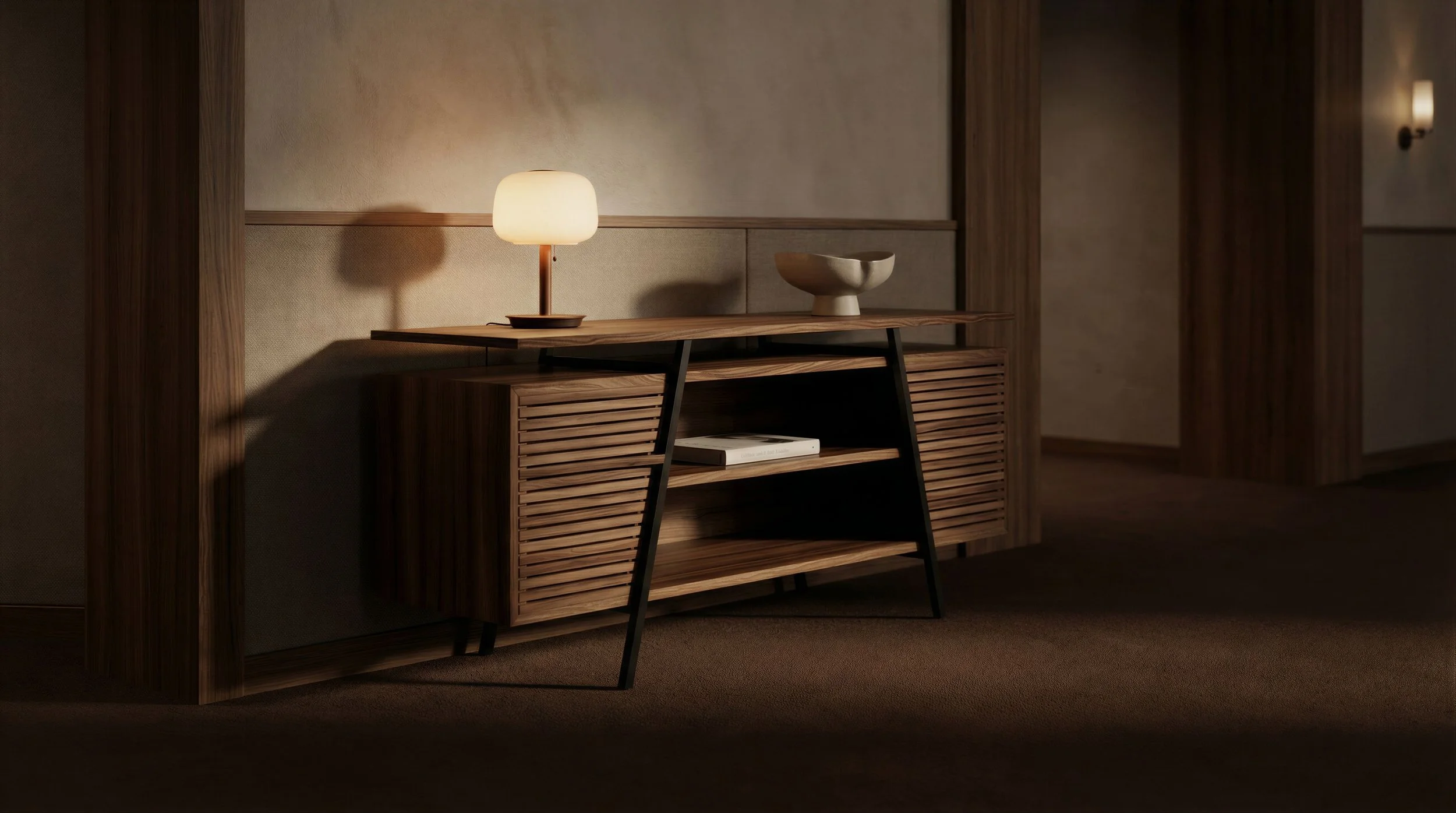 Le buffet T001 fait de noyer européen de la collection tetra par Obra Studio