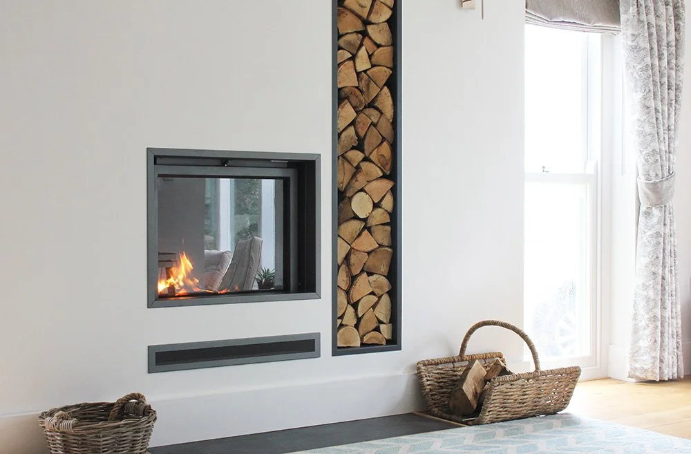 European Woodburner from Stuv in bespoke fireplace in Cornwall