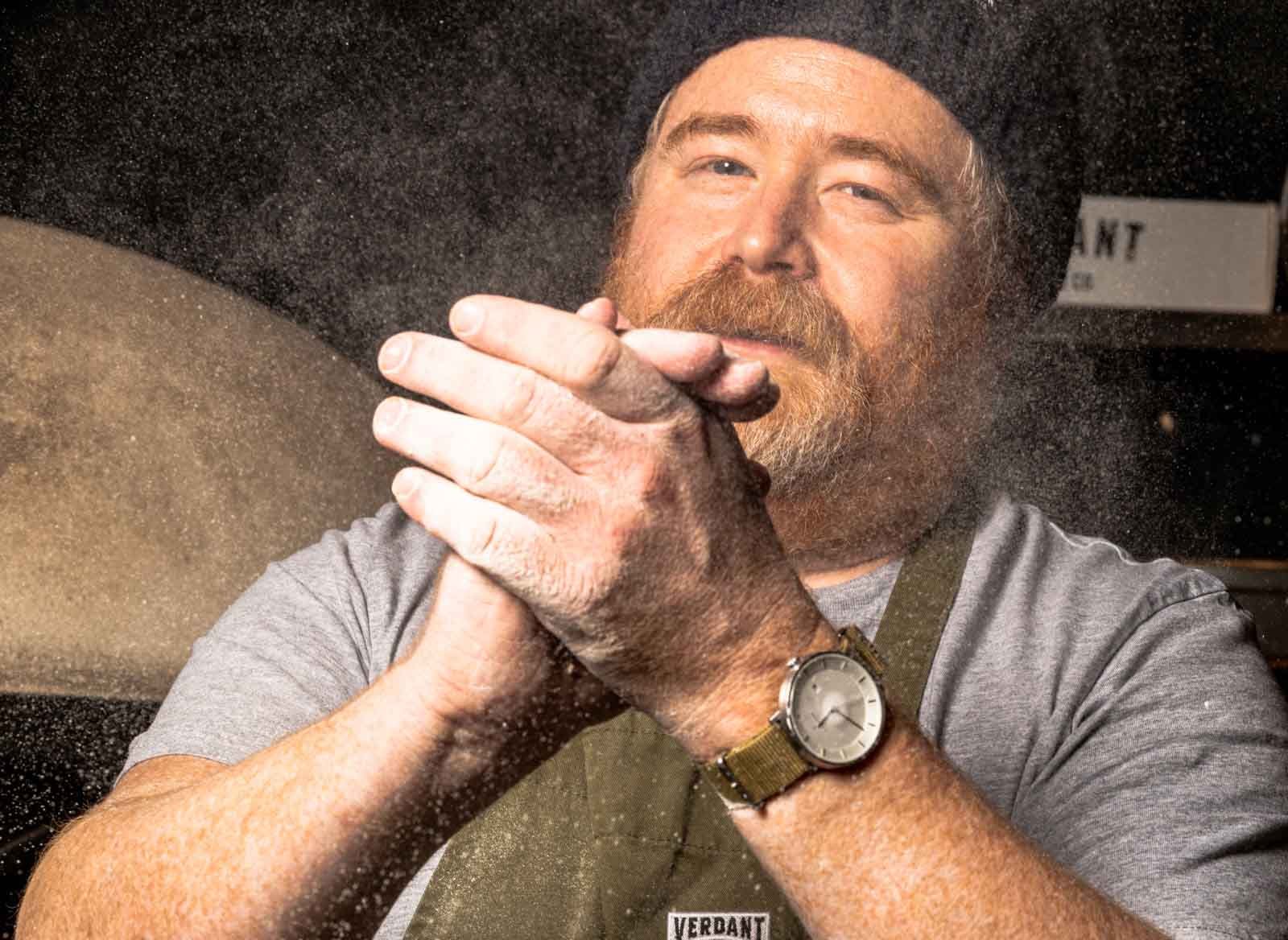 Stephen Kowles at Porthleven Food Festival using the Gozney Pizza oven fro Kernow Fires