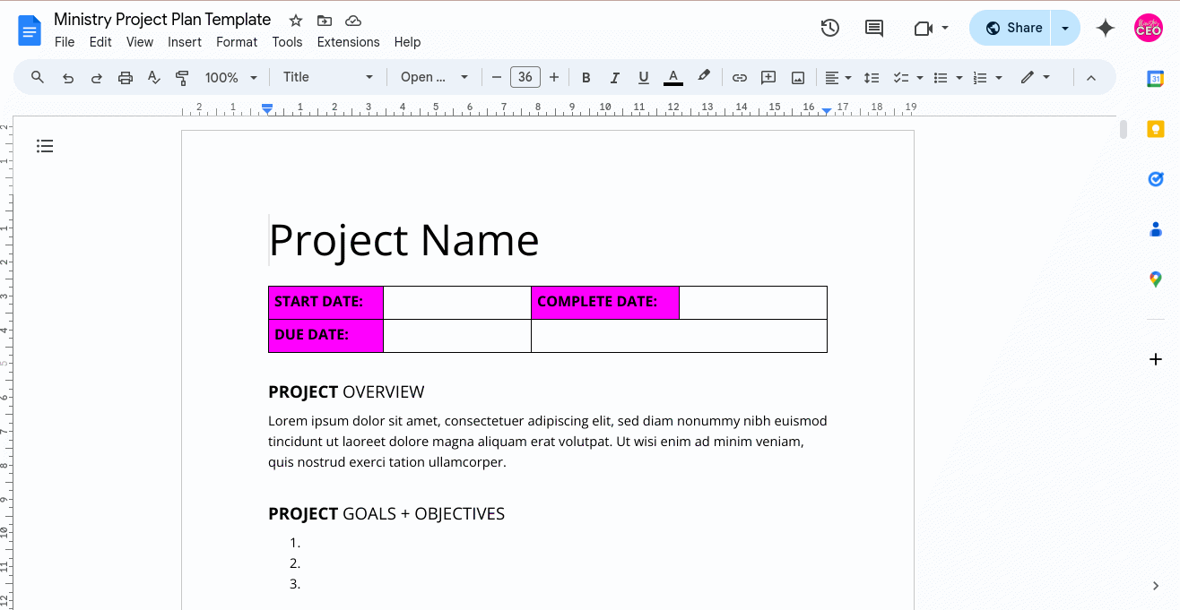The Ministry Project Planning Google Docs Template