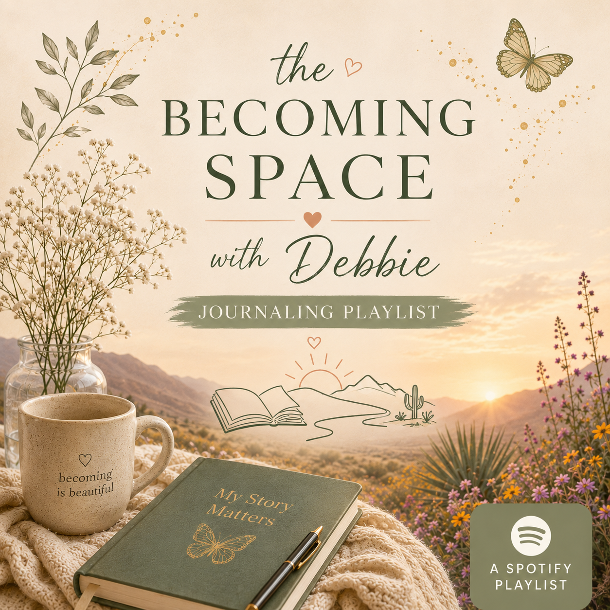 A promotional image for a journaling playlist titled 'the Becoming Space with Debbie.' It features a desert landscape at sunset, with mountains, wildflowers, and a cactus. The foreground shows a beige mug with the text 'becoming is beautiful,' a green notebook titled 'My Story Matters,' a pen, and a glass jar with white flowers.