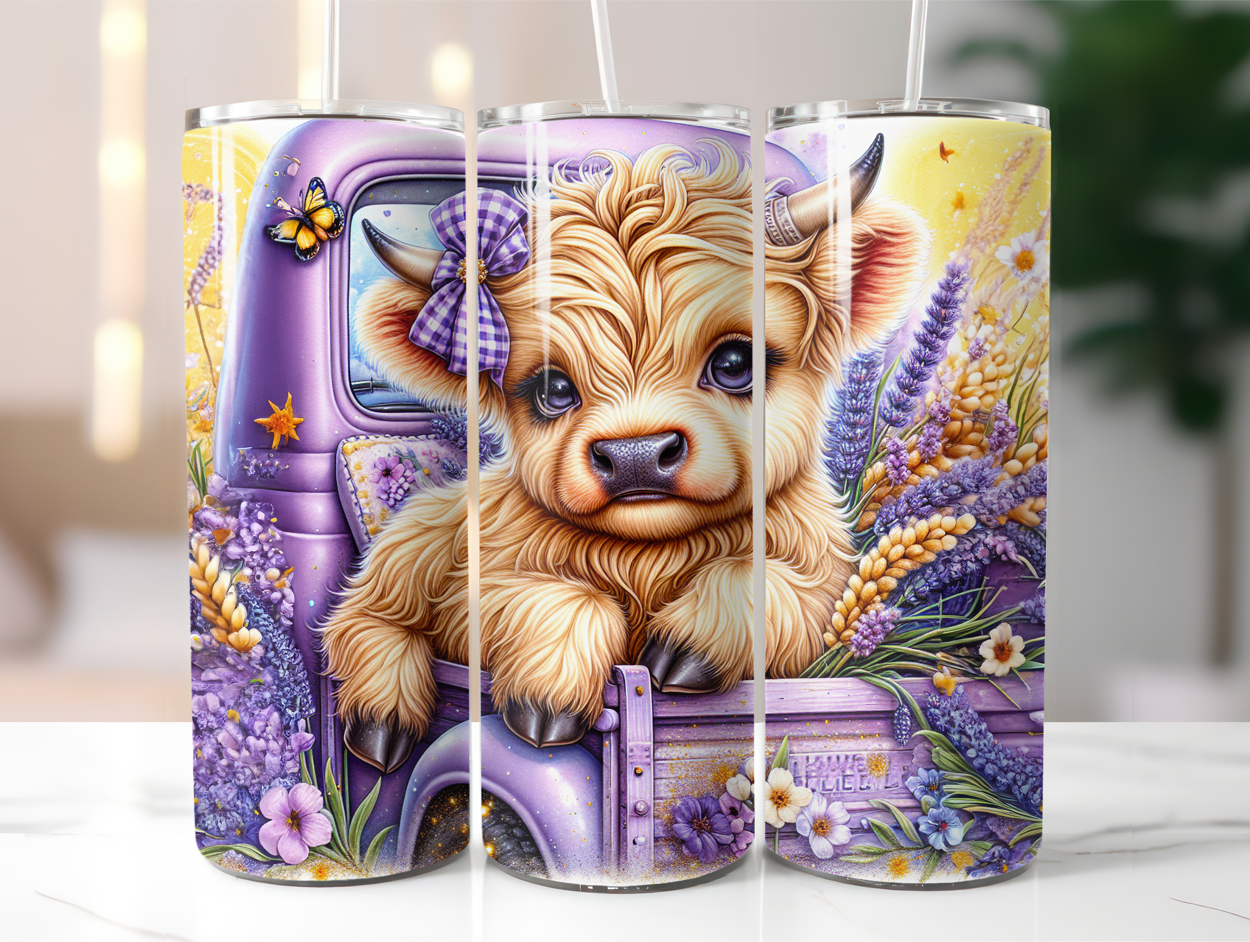 Lavender highland cow in truck tumbler