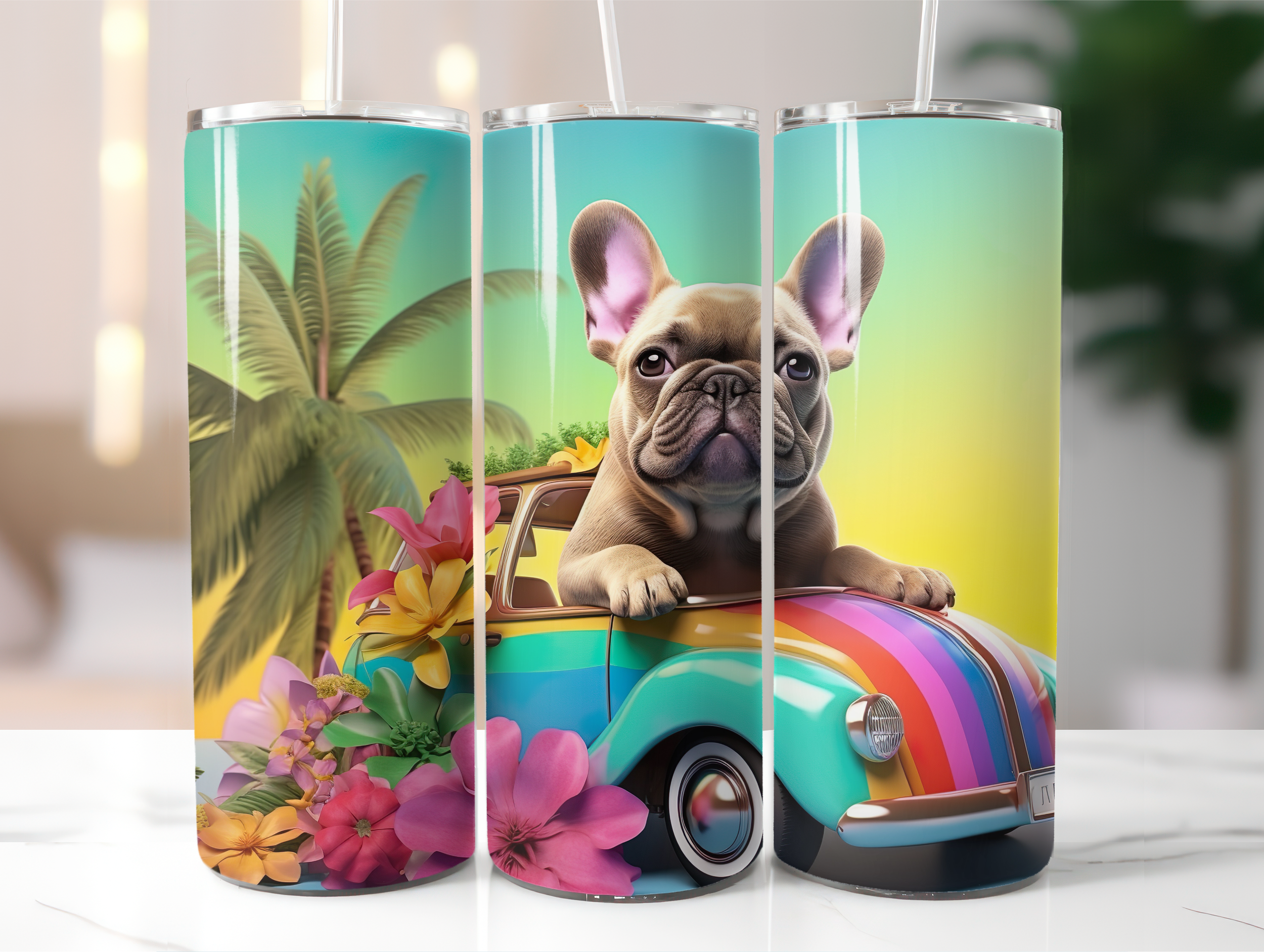 Tropical French bulldog flower tumbler