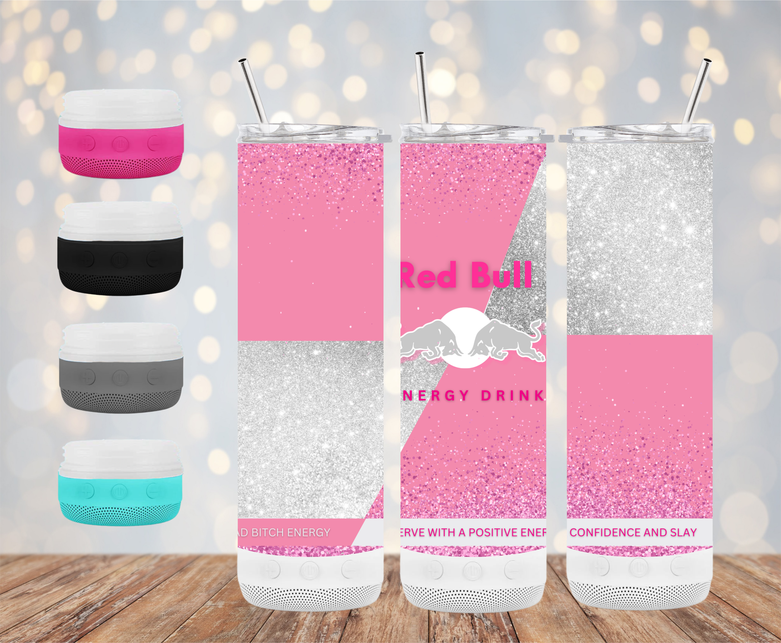 20oz Pink Sparkly Energy Drink Wireless Speaker Tumbler