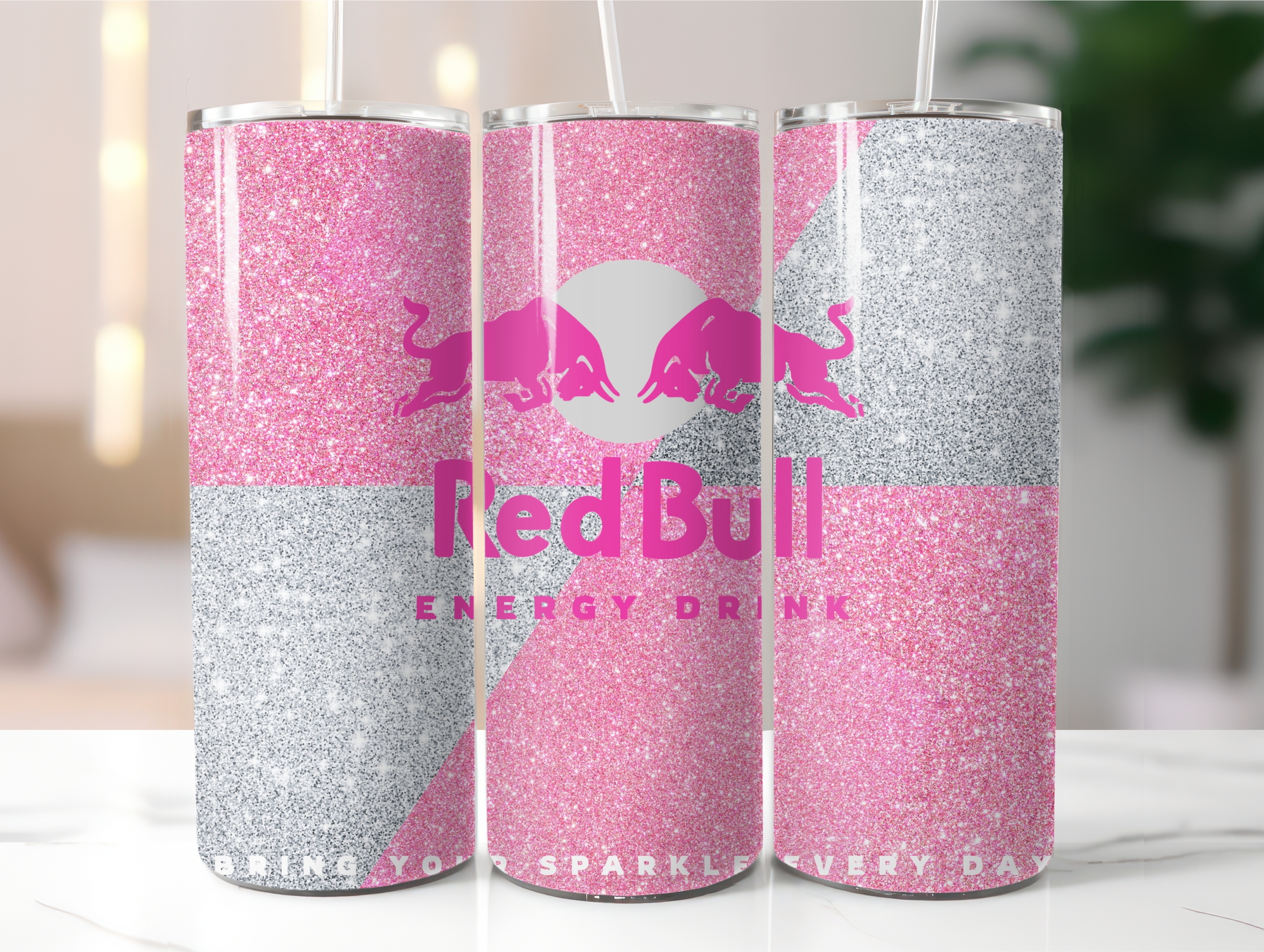 Sparkly pink energy drink tumbler