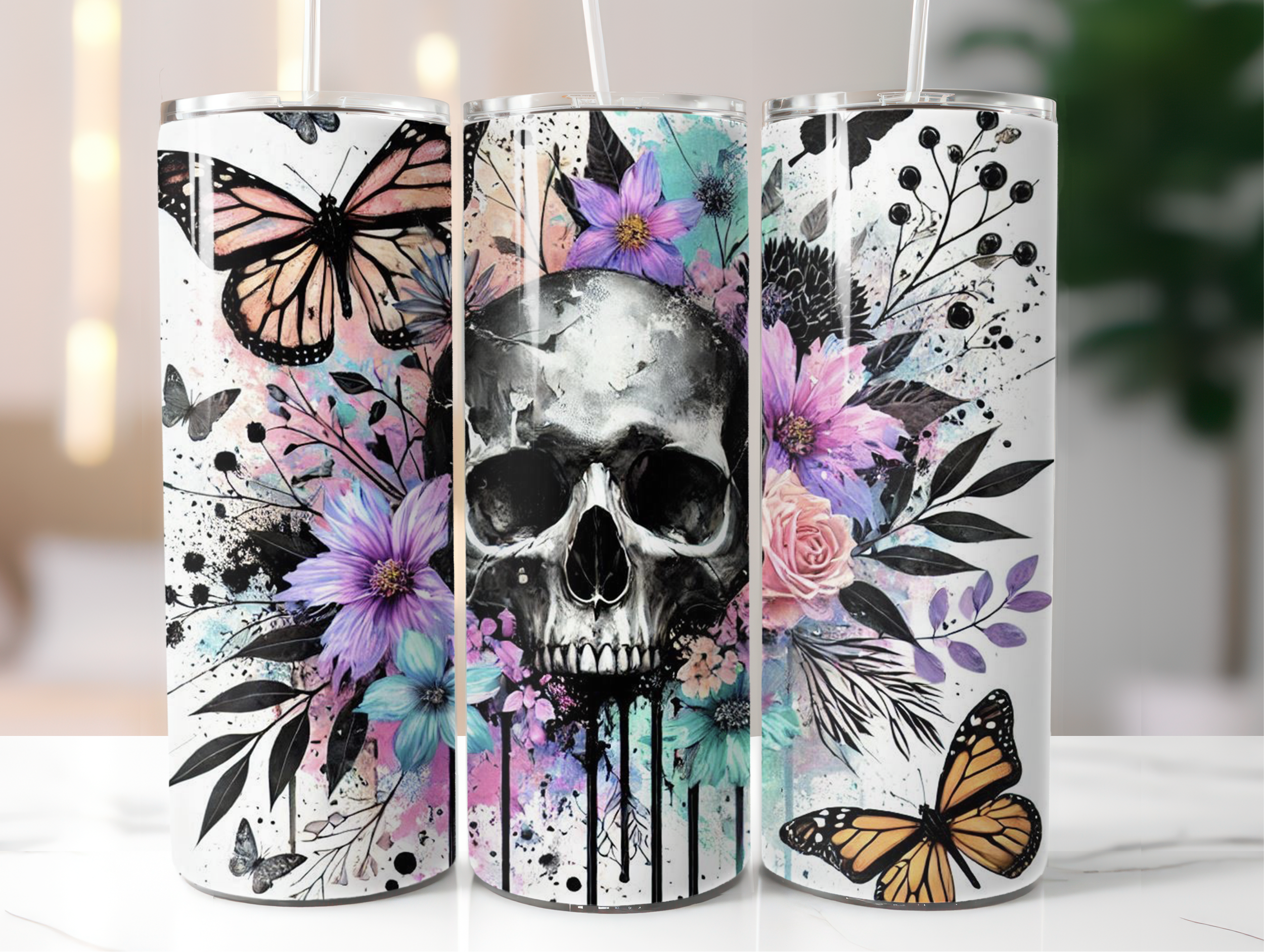 Purple flowers skull tumbler