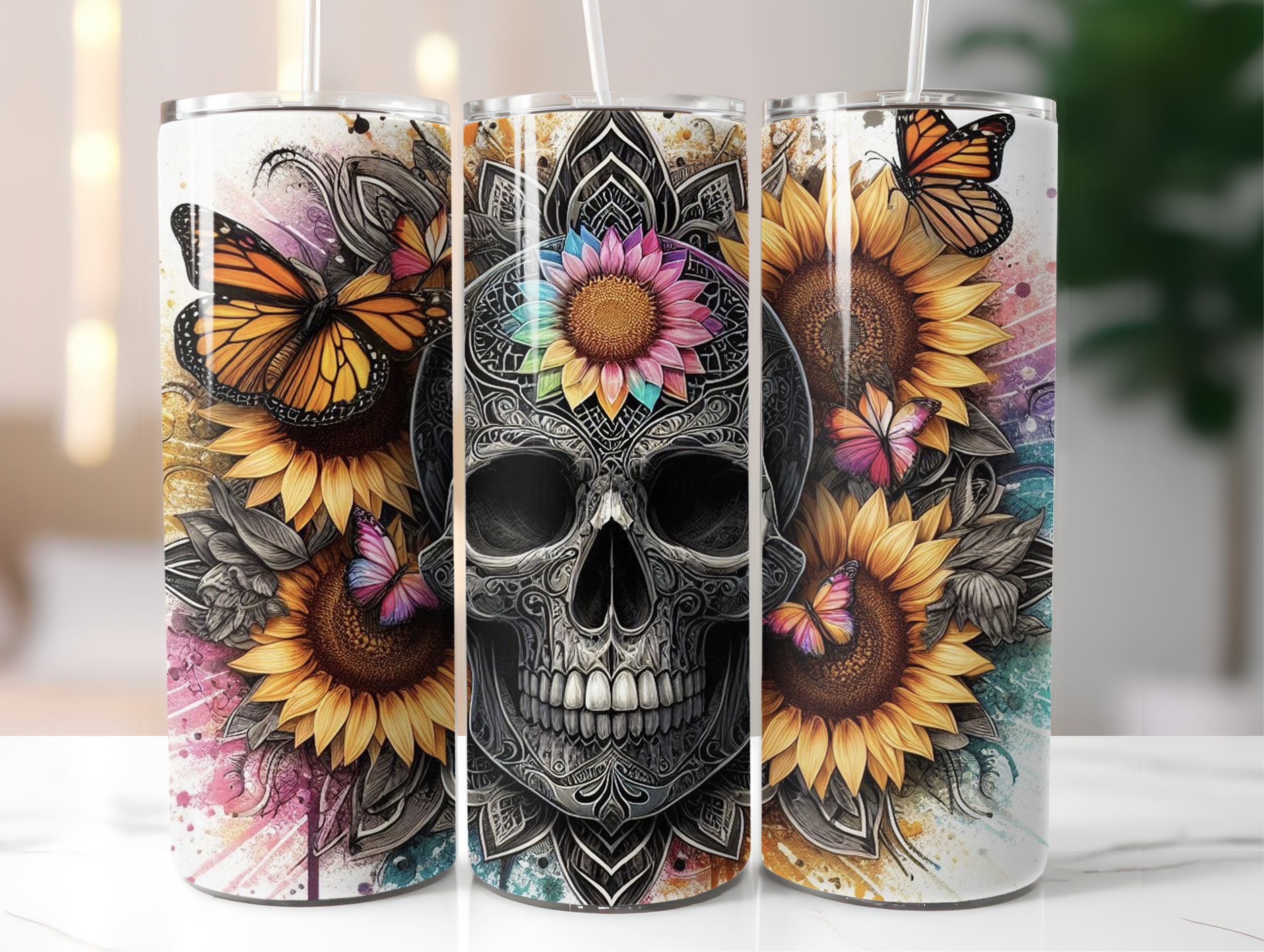 Yellow flowers skull tumbler