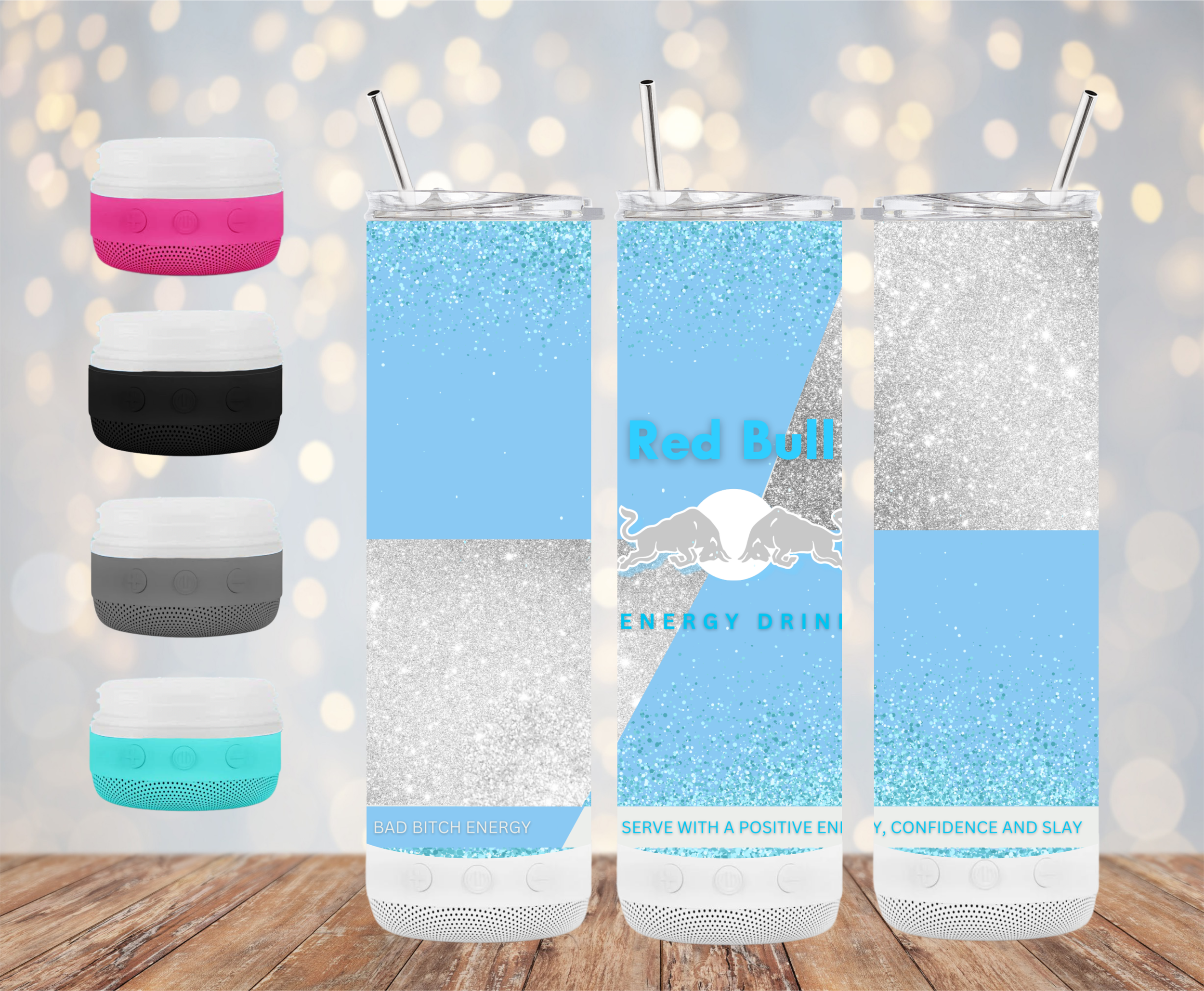 20oz Blue Sparkly Energy Drink Wireless Speaker Tumbler