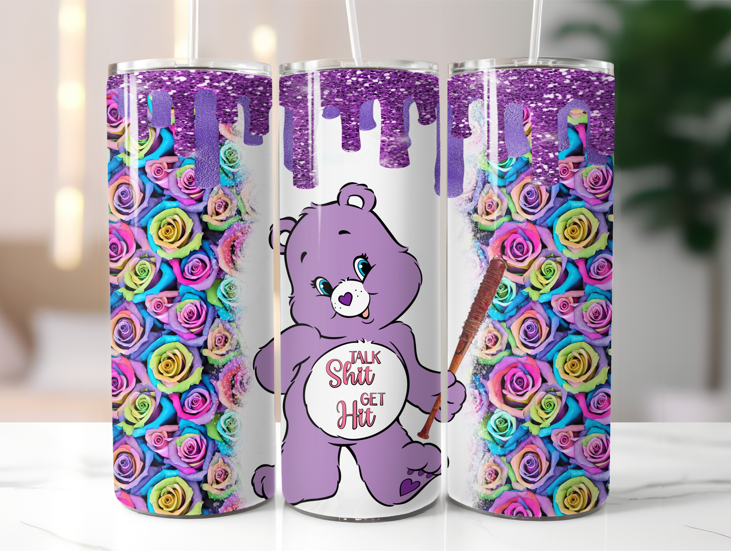 Purple talk shit bear tumbler