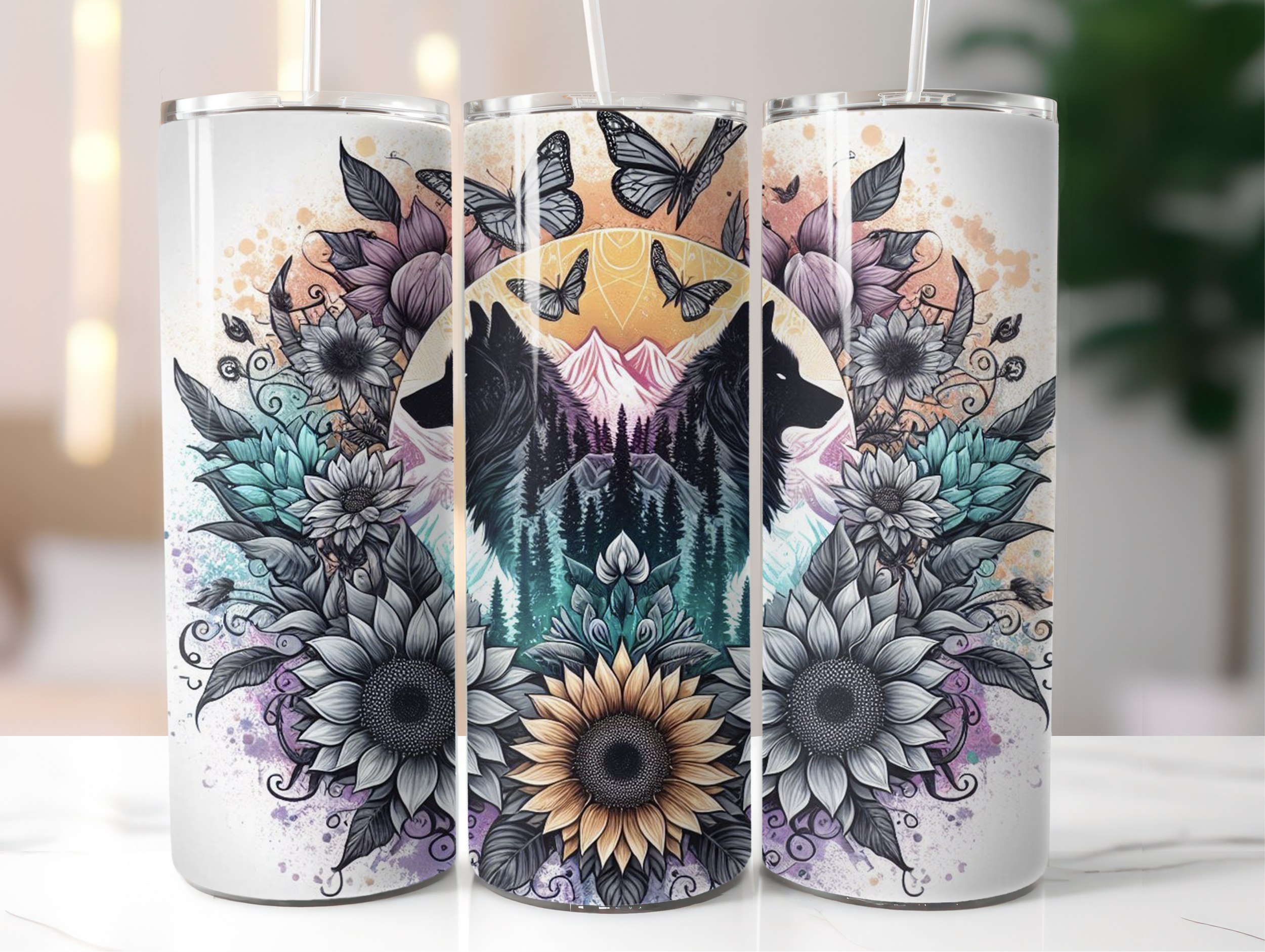 Two wolf flowers tumbler