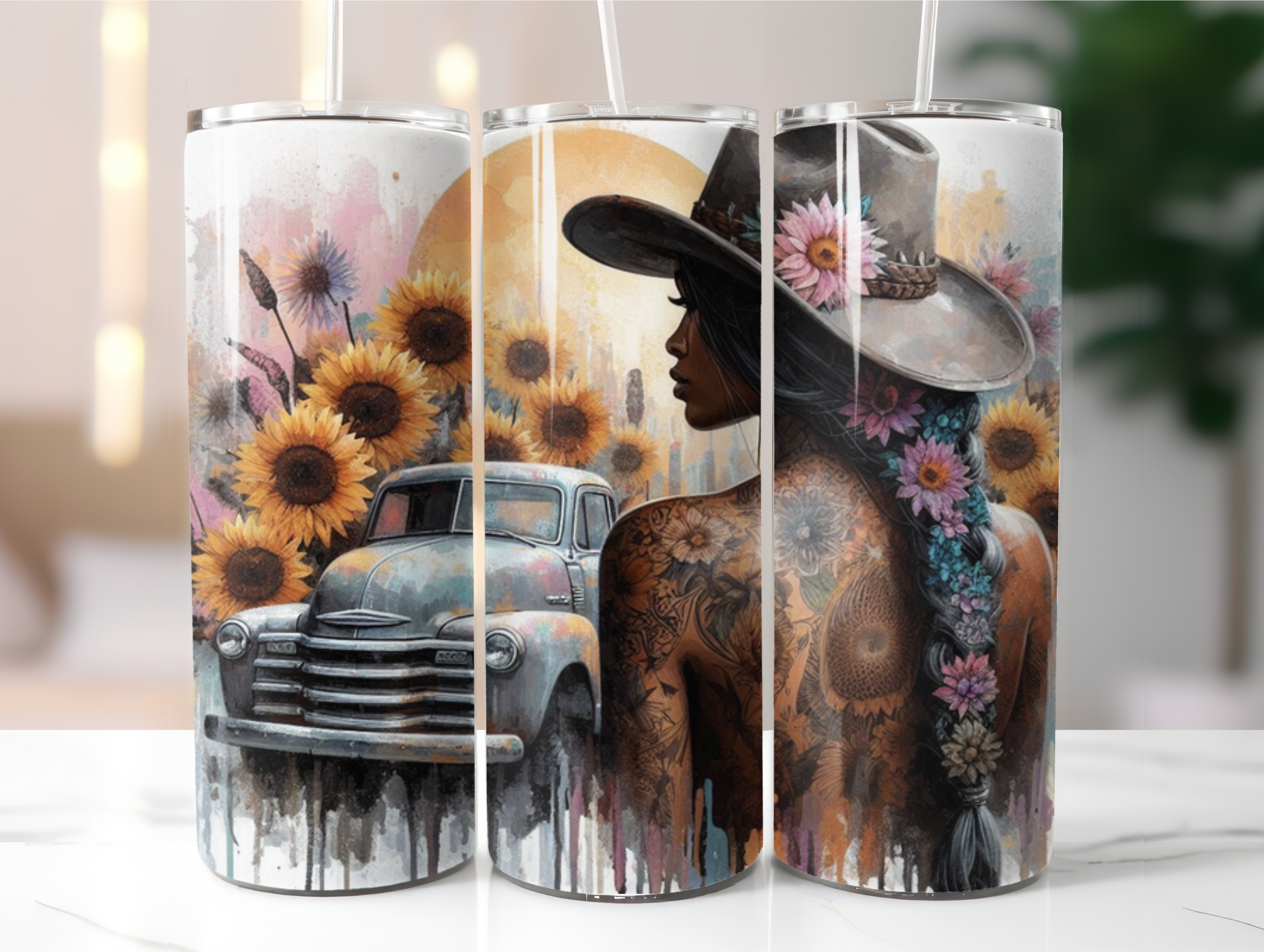 Old school sunflower girl tumbler