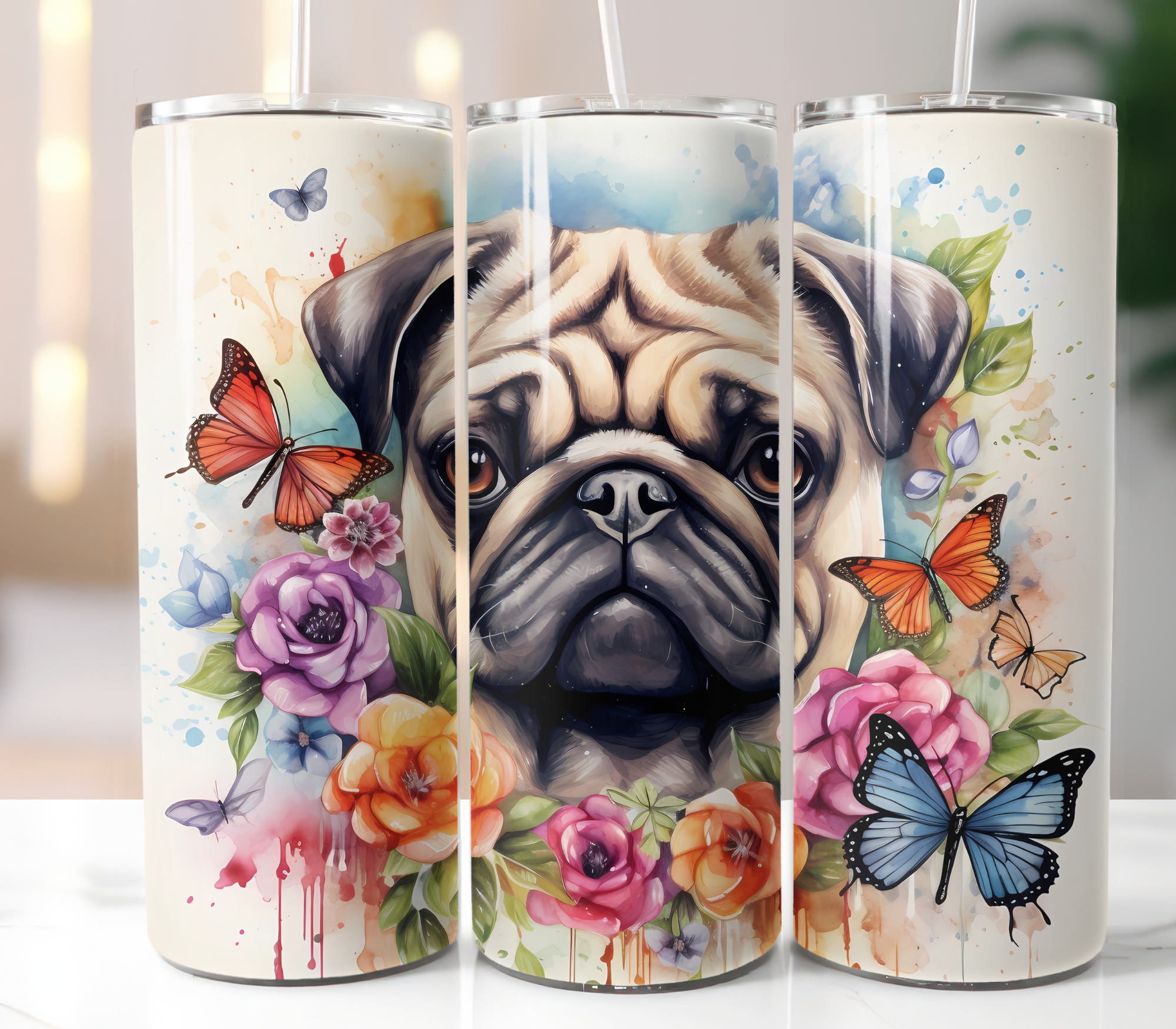 Pug with flowers and butterfly tumbler