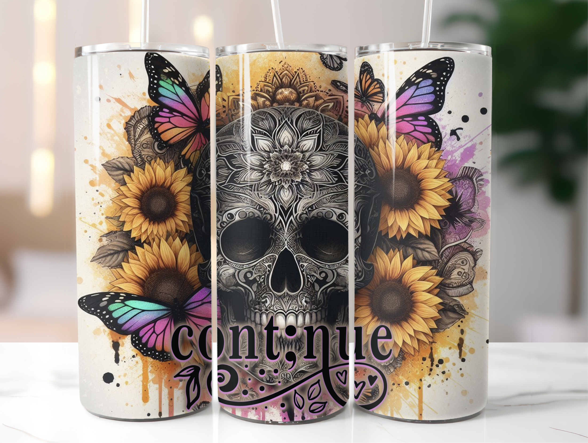 Continue flower skull tumbler