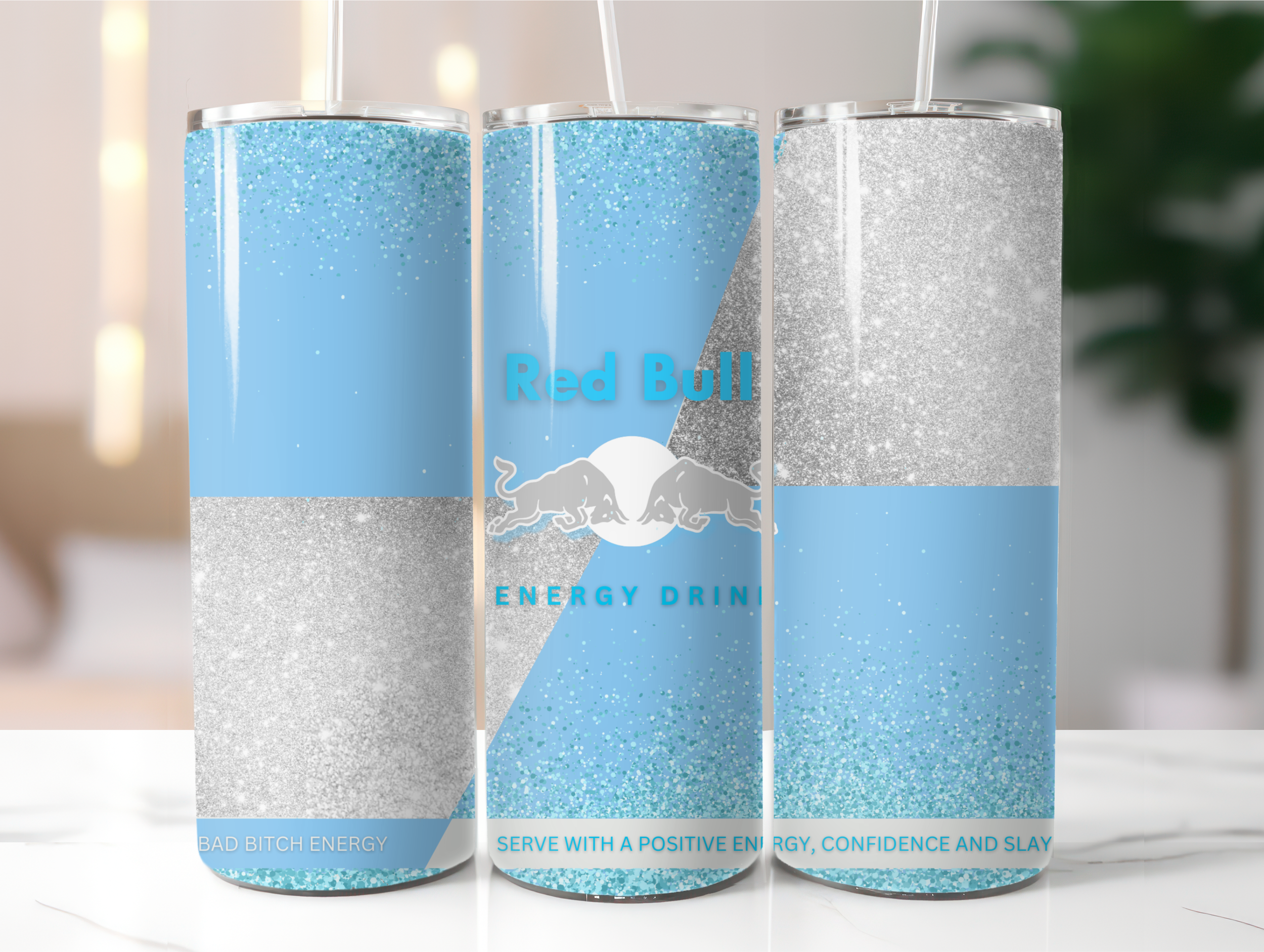 Light blue energy drink tumbler