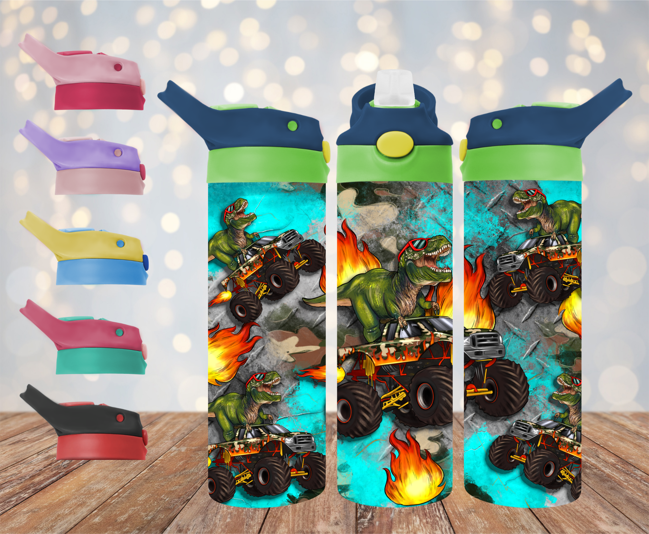 Monster trucks with dinosaurs' kids drink bottle