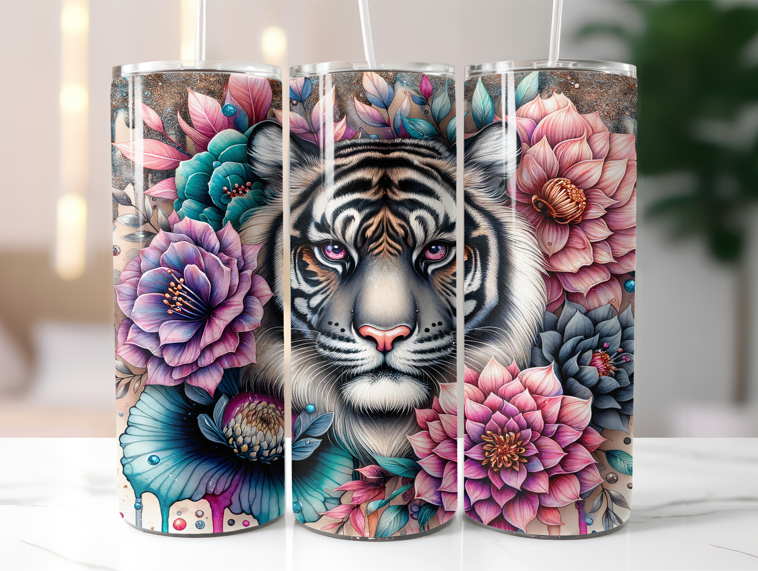 Colorful flowers lion tumbler