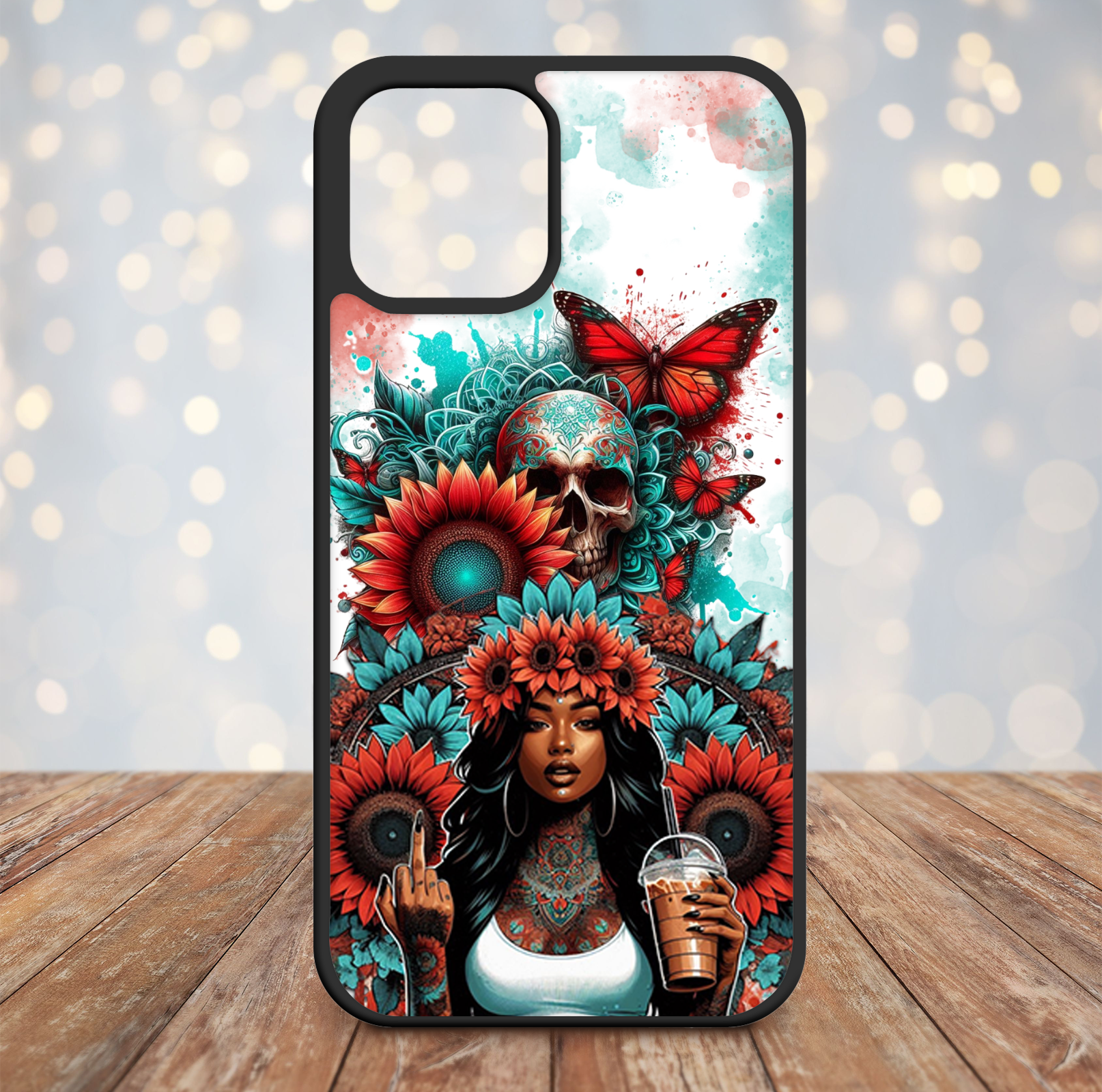 Tattoo girl flowers and skull phone case