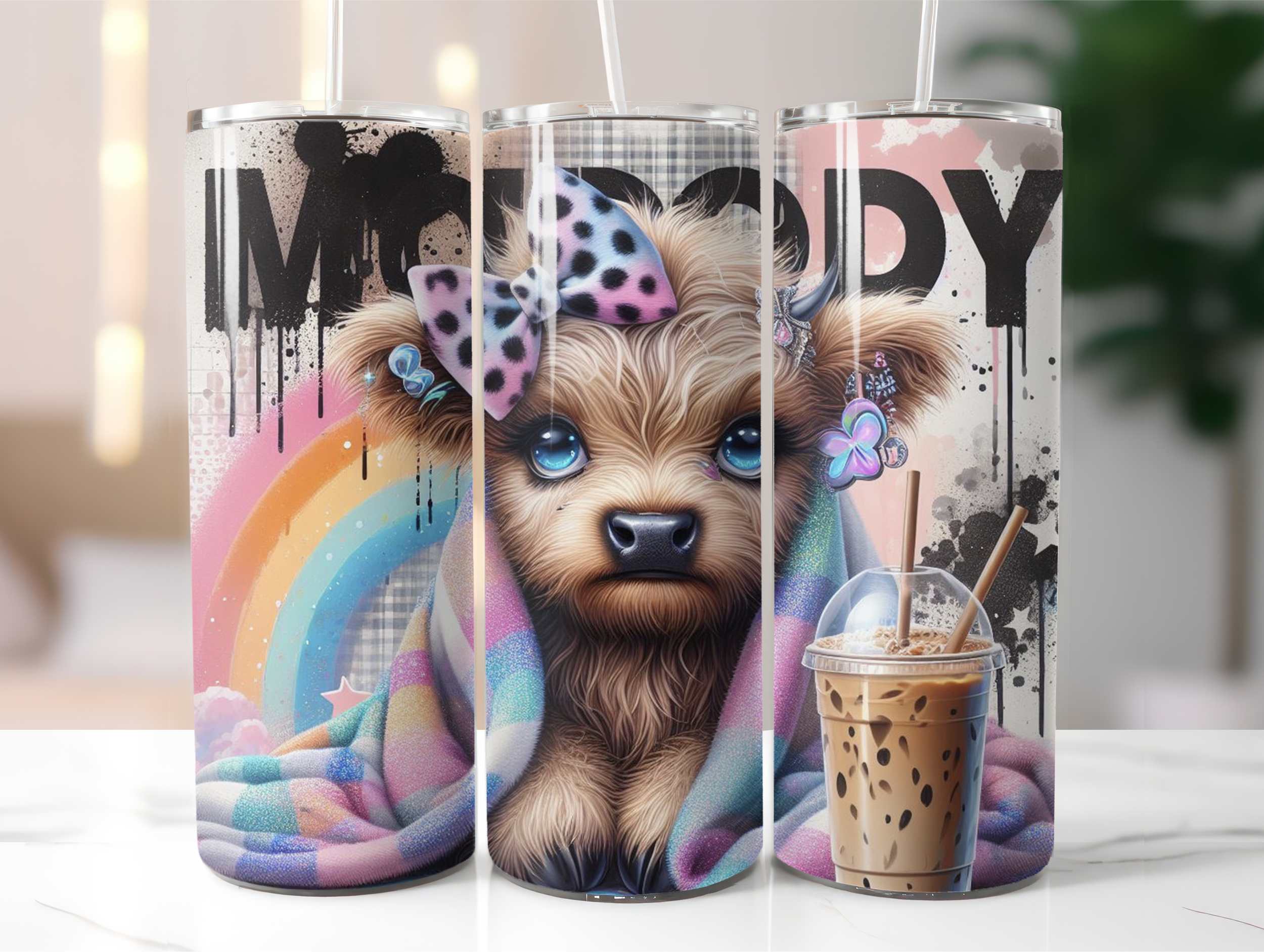Moody highland cow rainbow tumbler