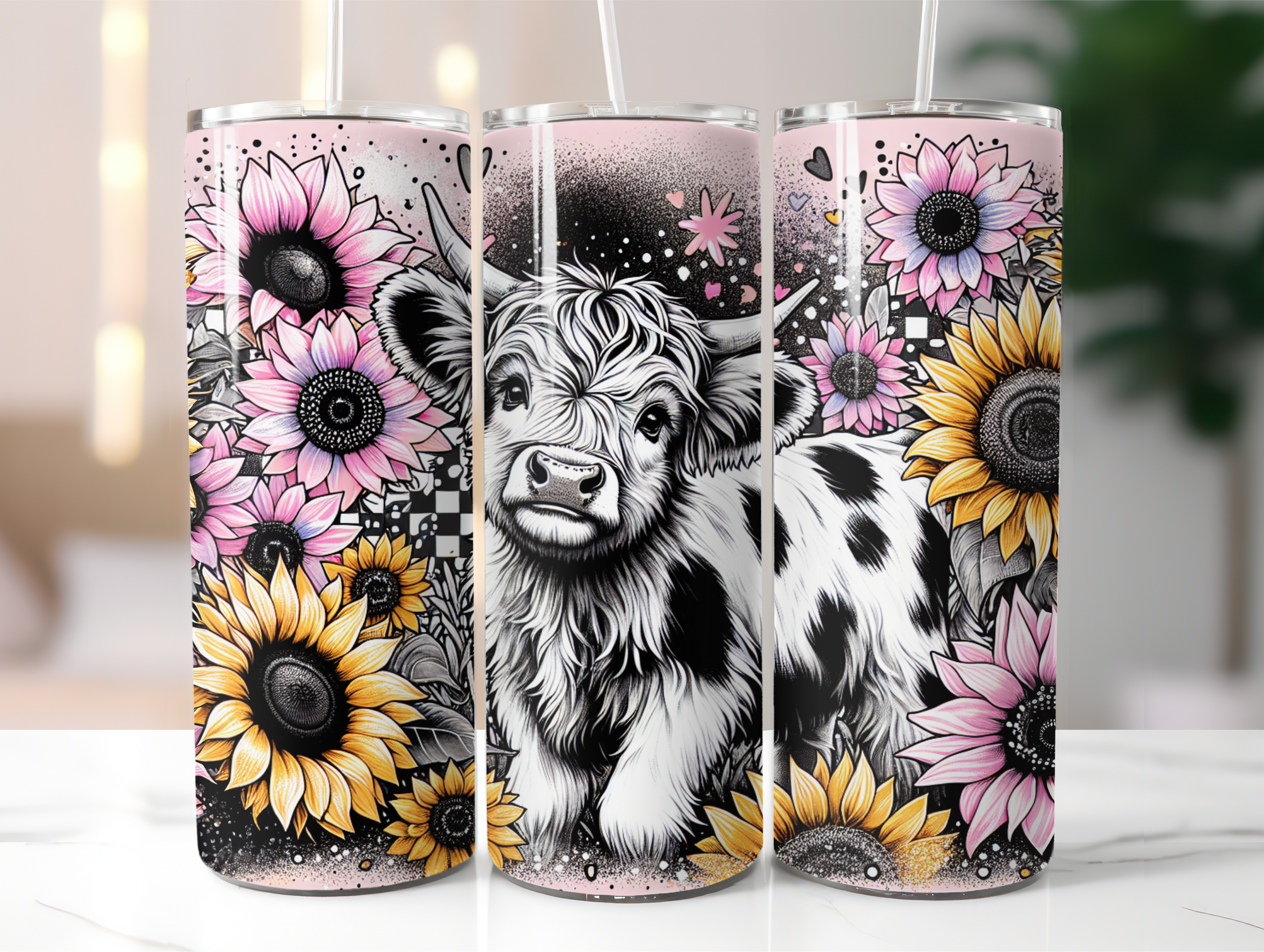 Pink sunflowers highland cow