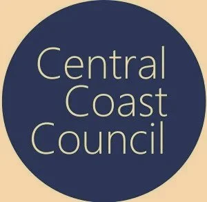 Logo of the Central Coast Council with dark blue background and beige text.