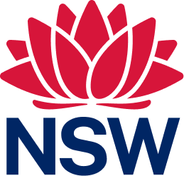 Red lotus flower with blue letters 'NSW' below it.