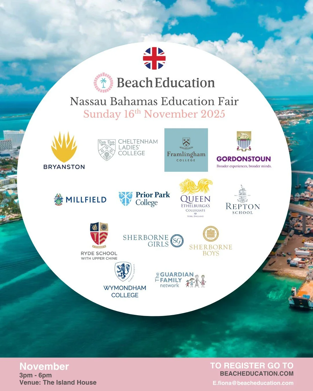 🇧🇸 Nassau, we&rsquo;re back this November!
Join us for the British Schools Education Fair on:
📍 Sunday 16th November 2025
🕒 3&ndash;6pm at The Island House, Nassau

Meet admissions staff from some of the UK&rsquo;s leading boarding schools and ge