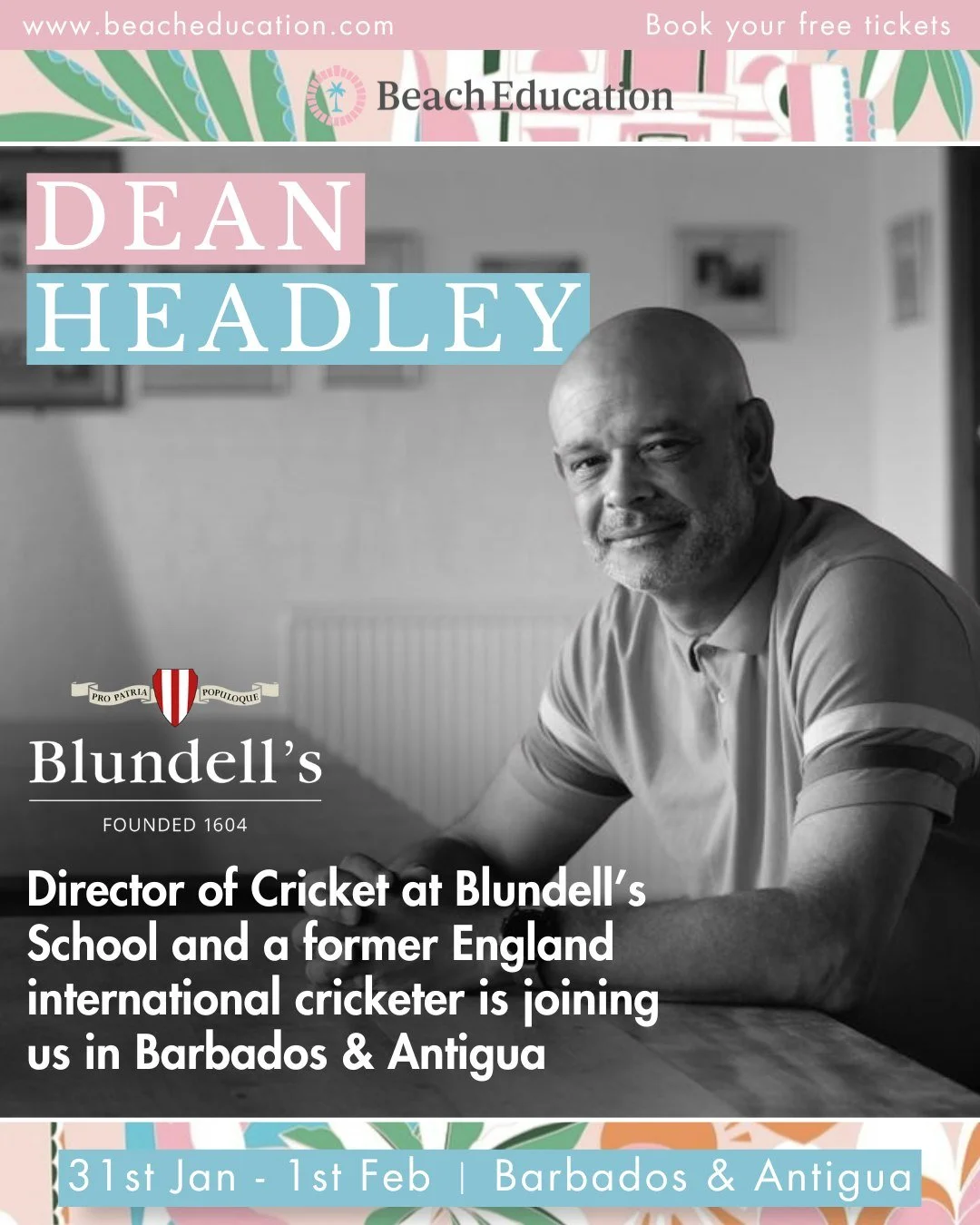 We&rsquo;re incredibly excited to announce that Dean Headley, Director of Cricket at @blundellsschooldevon and former England international cricketer, will be joining us at the Beach Education Fairs in Barbados and Antigua! 🏏🌴

Dean Headley is Dire