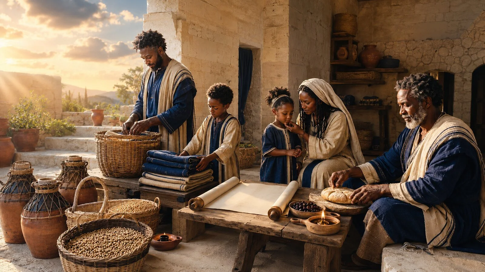 Black Abary family calmly organizing food, water, blankets, and household provisions with wisdom and Shalum