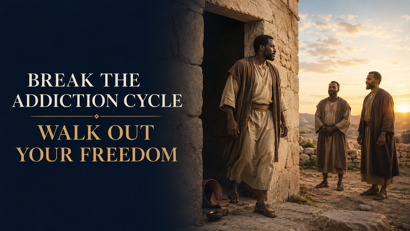 Black Abary man stepping from darkness into dawn with trusted supporters, representing freedom from addiction through YAHUSHA.