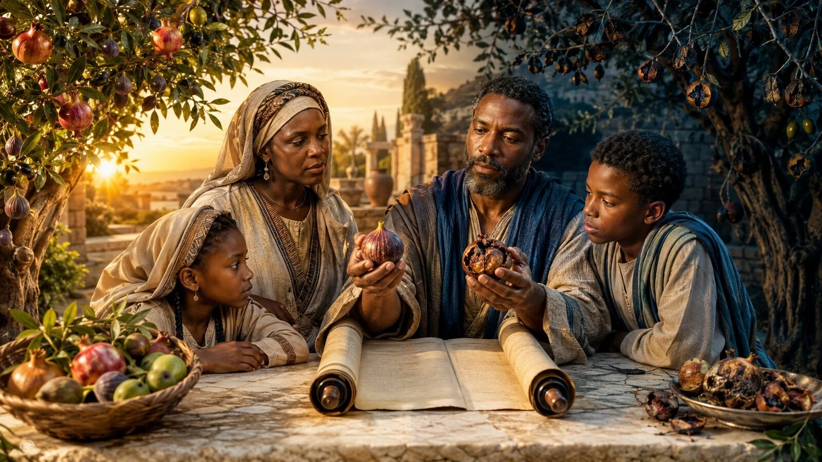 Black Abary family testing healthy fruit against corrupted fruit beside an open Scripture scroll