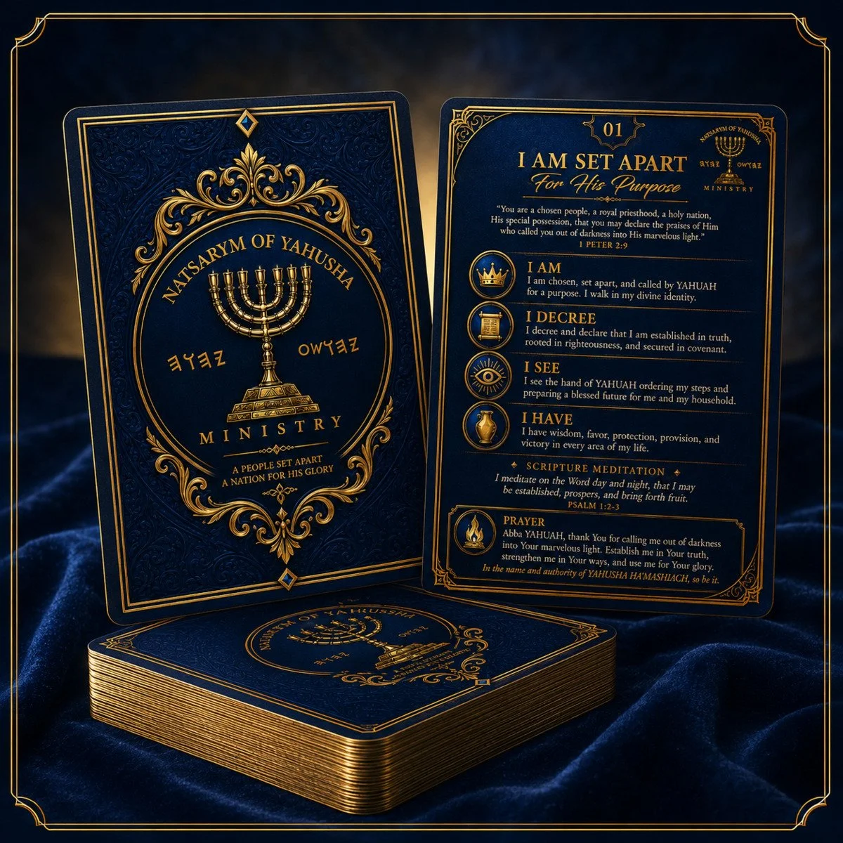 Shalum Affirmation Deck with 50 blue and gold scripture prayer cards