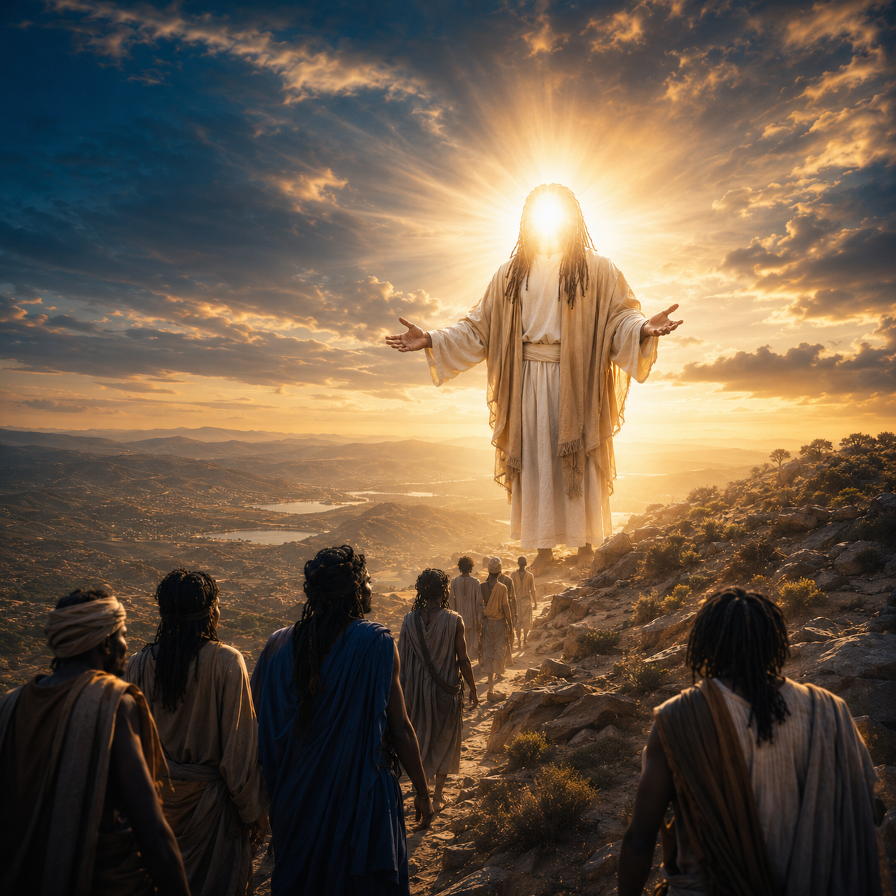 YAHUSHA with His face concealed in radiant light, welcoming people with open hands