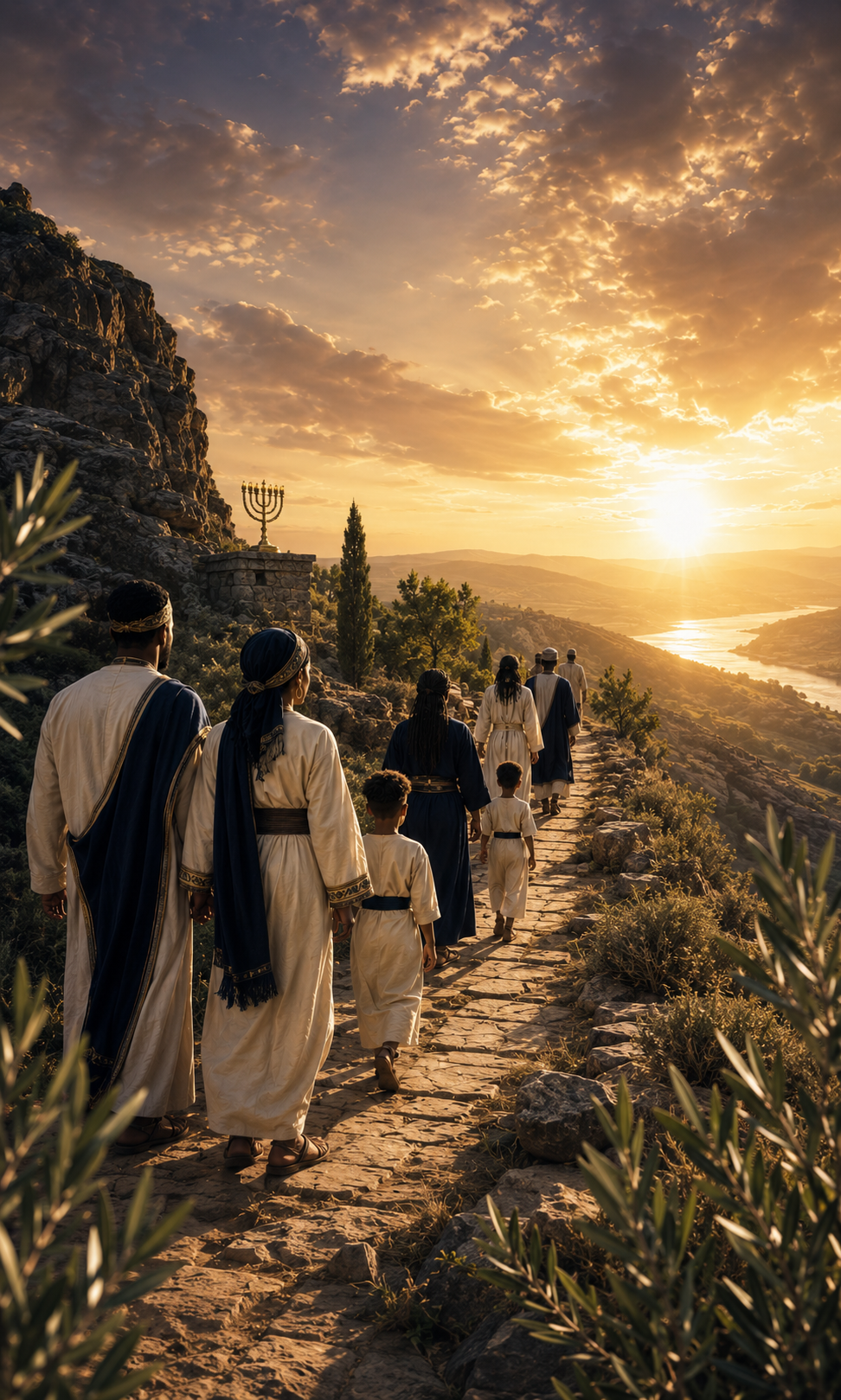 A multigenerational Natsarym family walking a narrow path toward radiant light