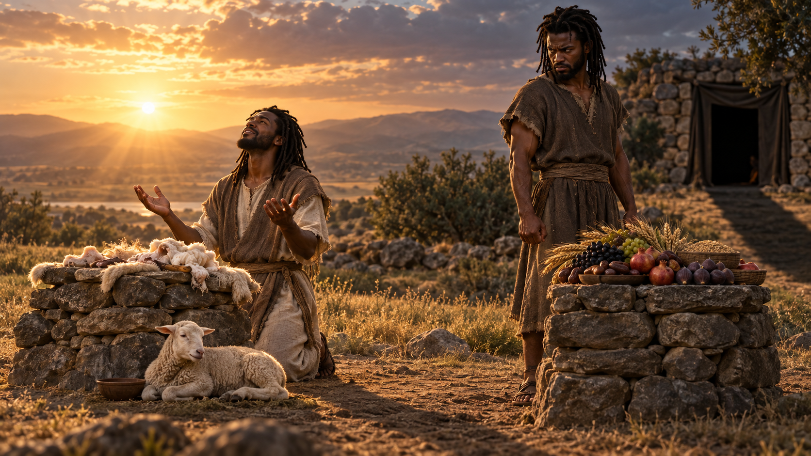 Black Abary brothers Qaynah and Heḇel at their offerings, showing resentment contrasted with surrendered worship.