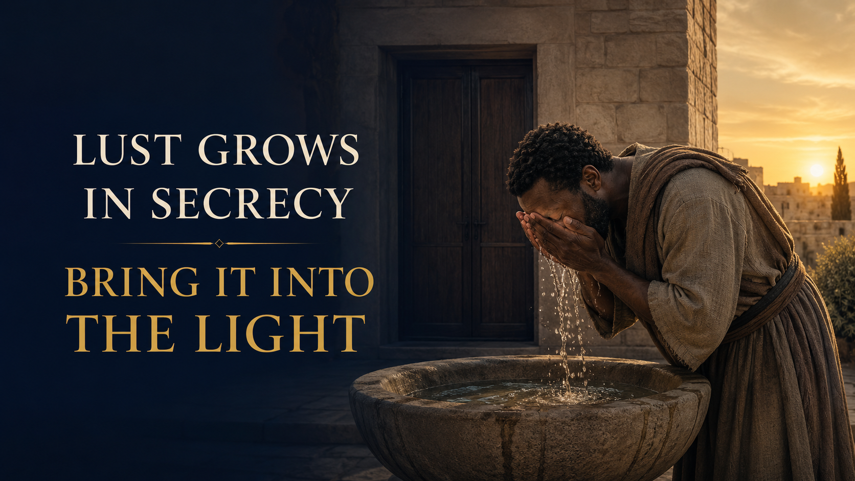 Black Abary man washing his face at dawn with a closed dark doorway behind him, representing freedom from lust through YAHUSHA.