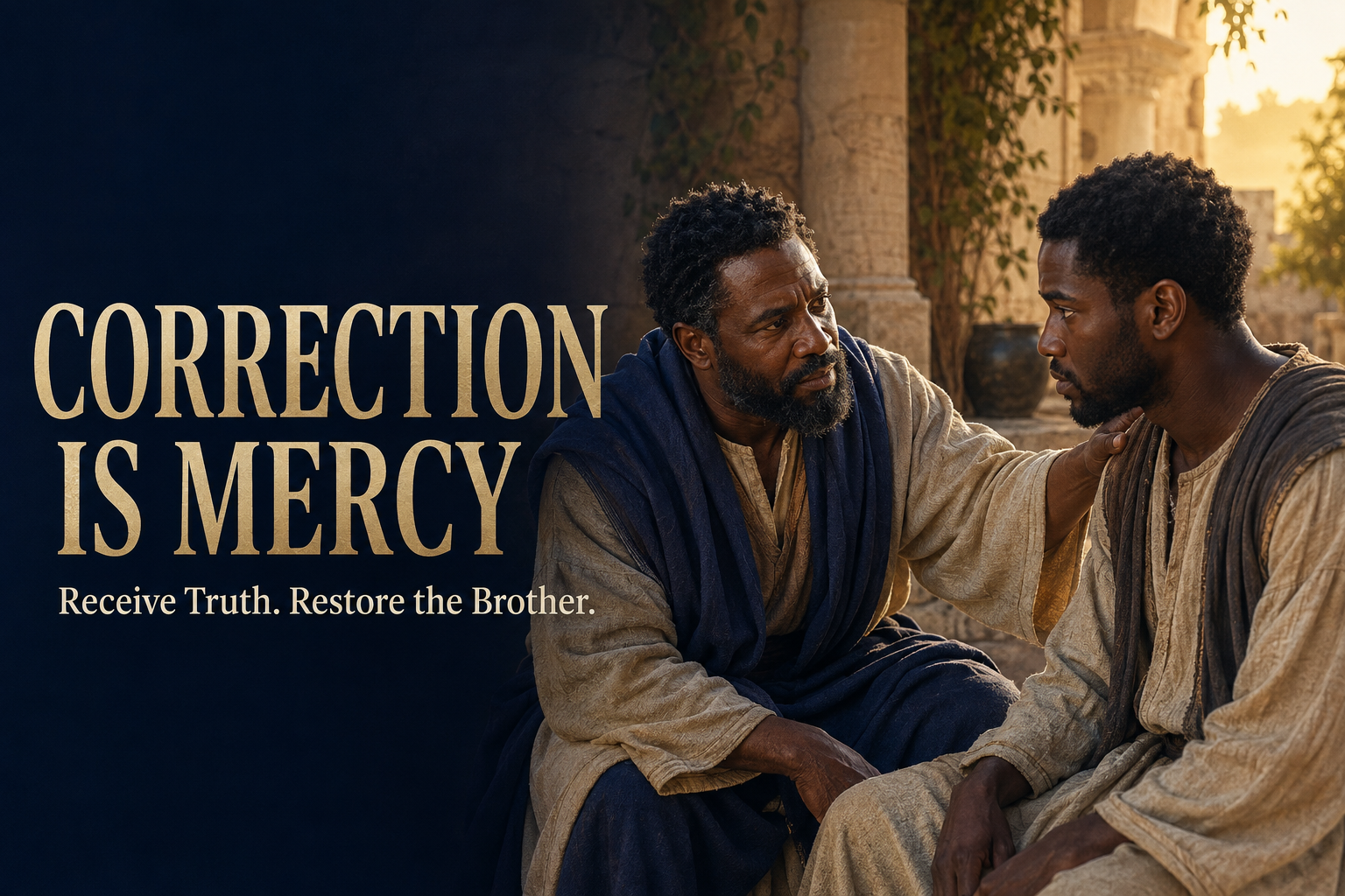 A mature Black Abary man compassionately correcting a younger brother, with the words Correction Is Mercy.