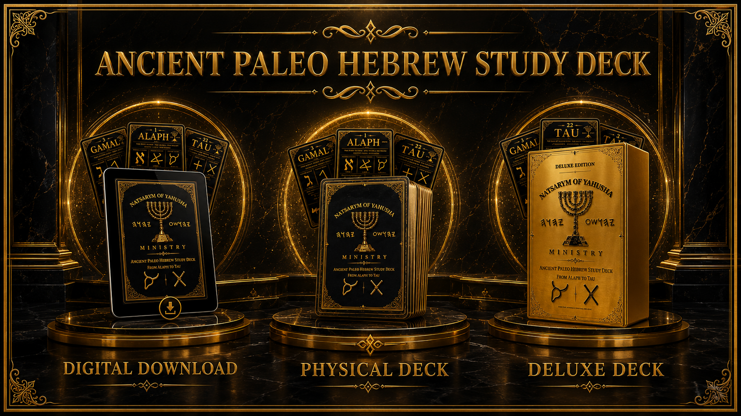 Ancient Paleo Hebrew Study Deck showing the Digital Download, Physical Deck, and Deluxe Deck editions from Alaph to Tau by Natsarym of YAHUSHA.
